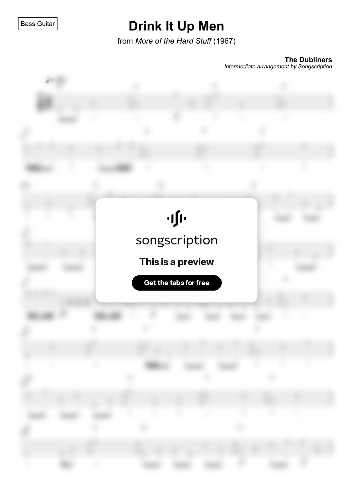 Intermediate Bass Guitar Tabs for "Drink It Up Men" by The Dubliners