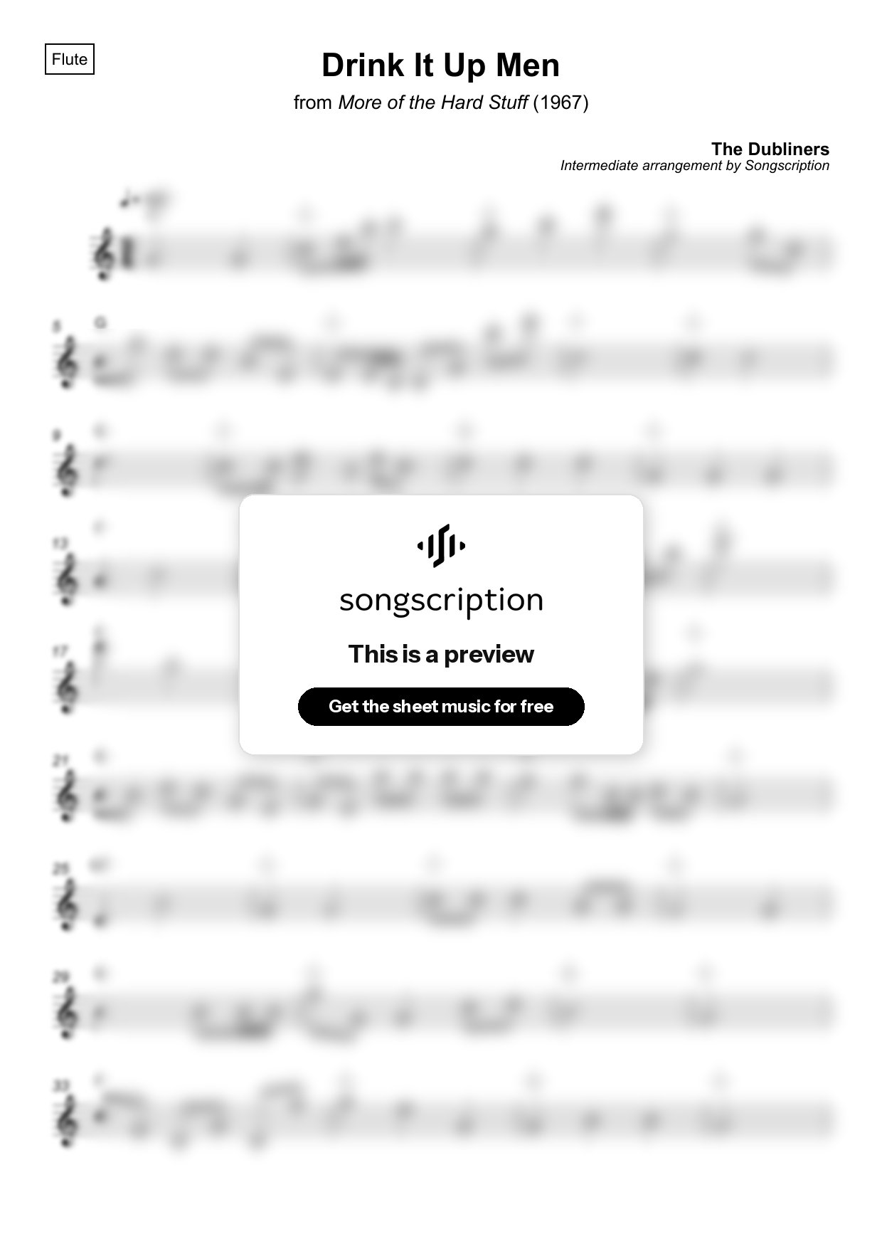 Intermediate Flute Sheet Music for "Drink It Up Men" by The Dubliners