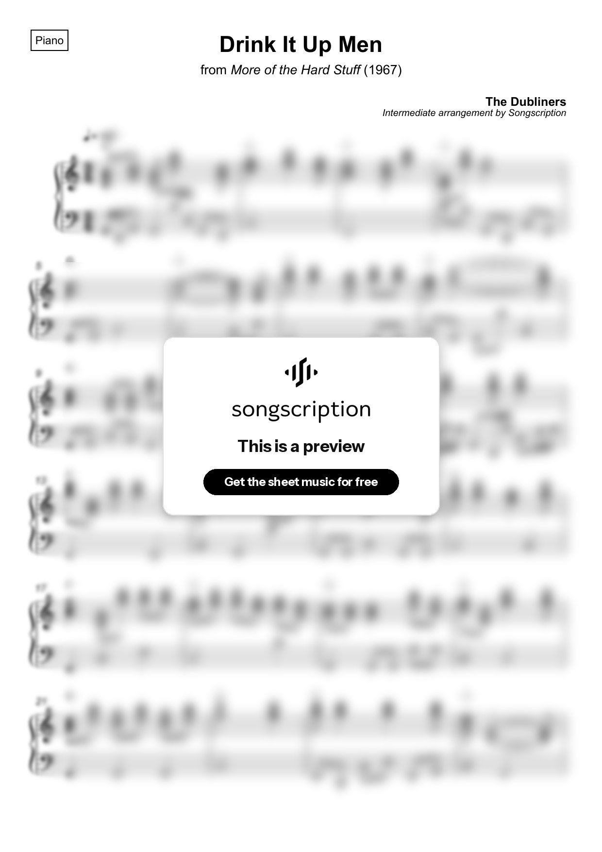 Intermediate Piano Sheet Music for "Drink It Up Men" by The Dubliners
