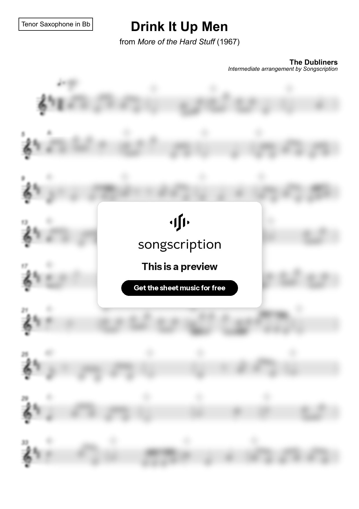 Intermediate Tenor Sax Sheet Music for "Drink It Up Men" by The Dubliners