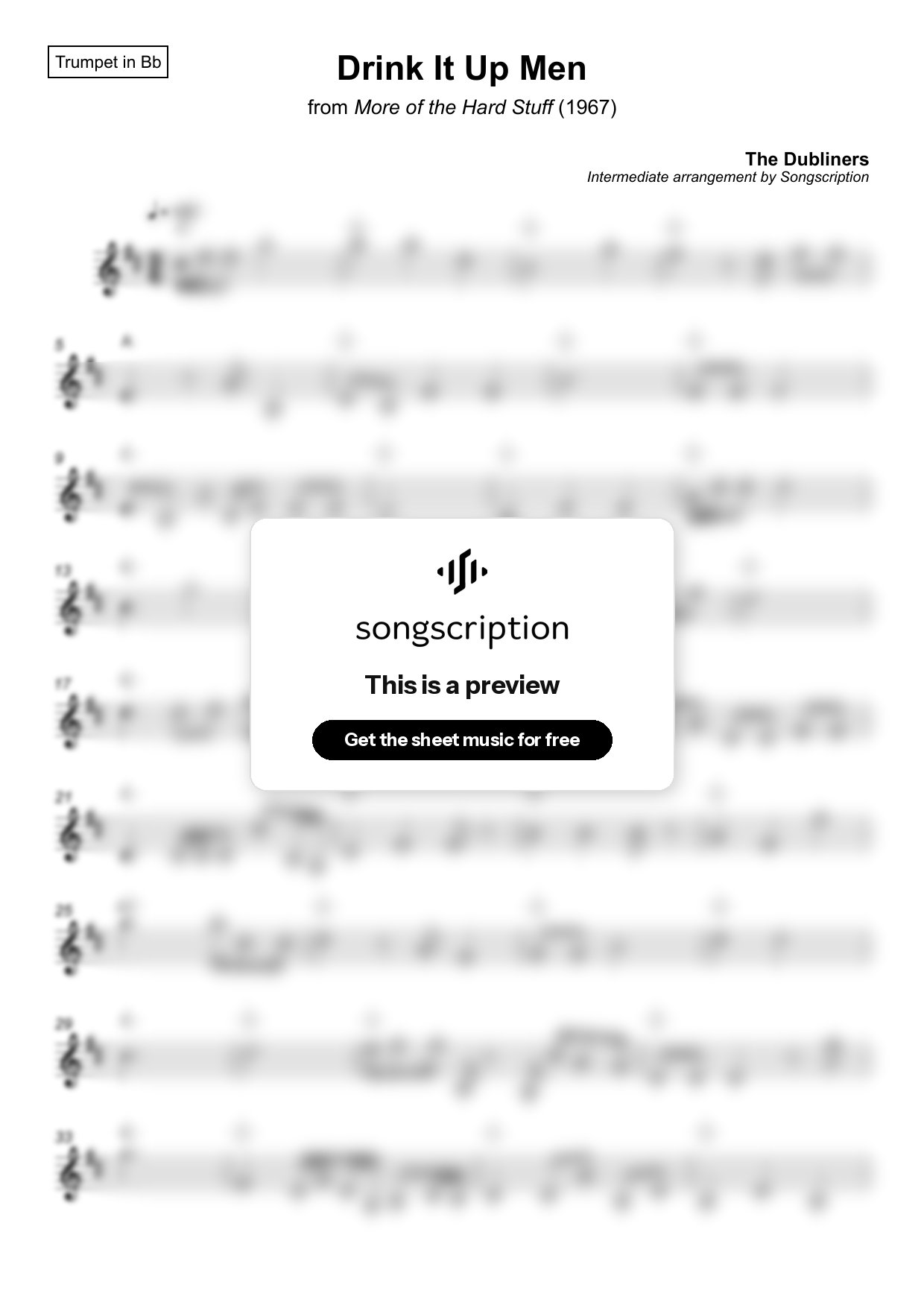 Intermediate Trumpet Sheet Music for "Drink It Up Men" by The Dubliners