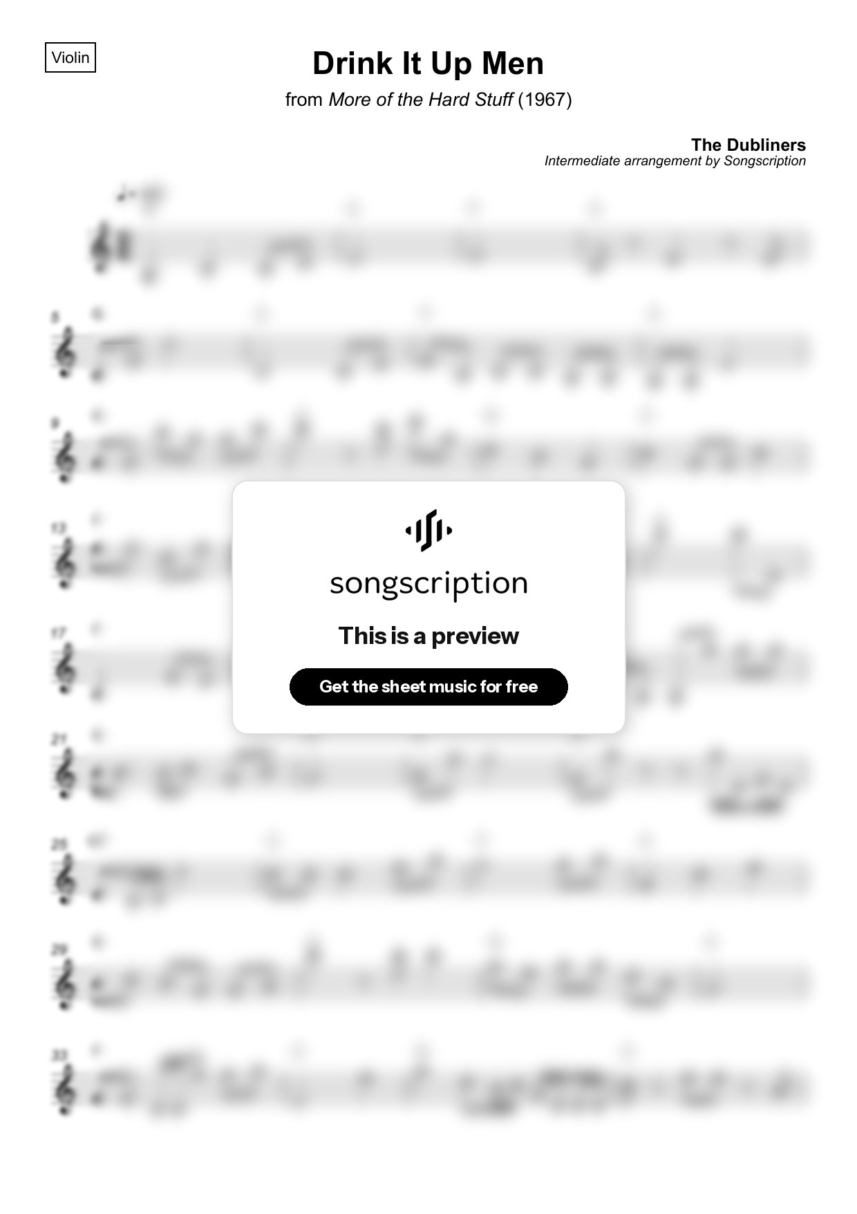 Intermediate Violin Sheet Music for "Drink It Up Men" by The Dubliners