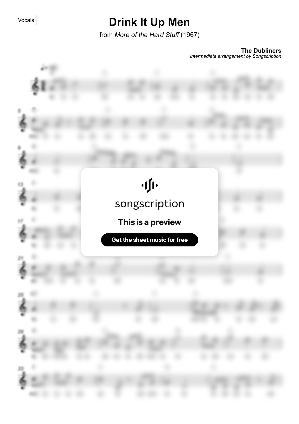 Intermediate Vocals Sheet Music for "Drink It Up Men" by The Dubliners