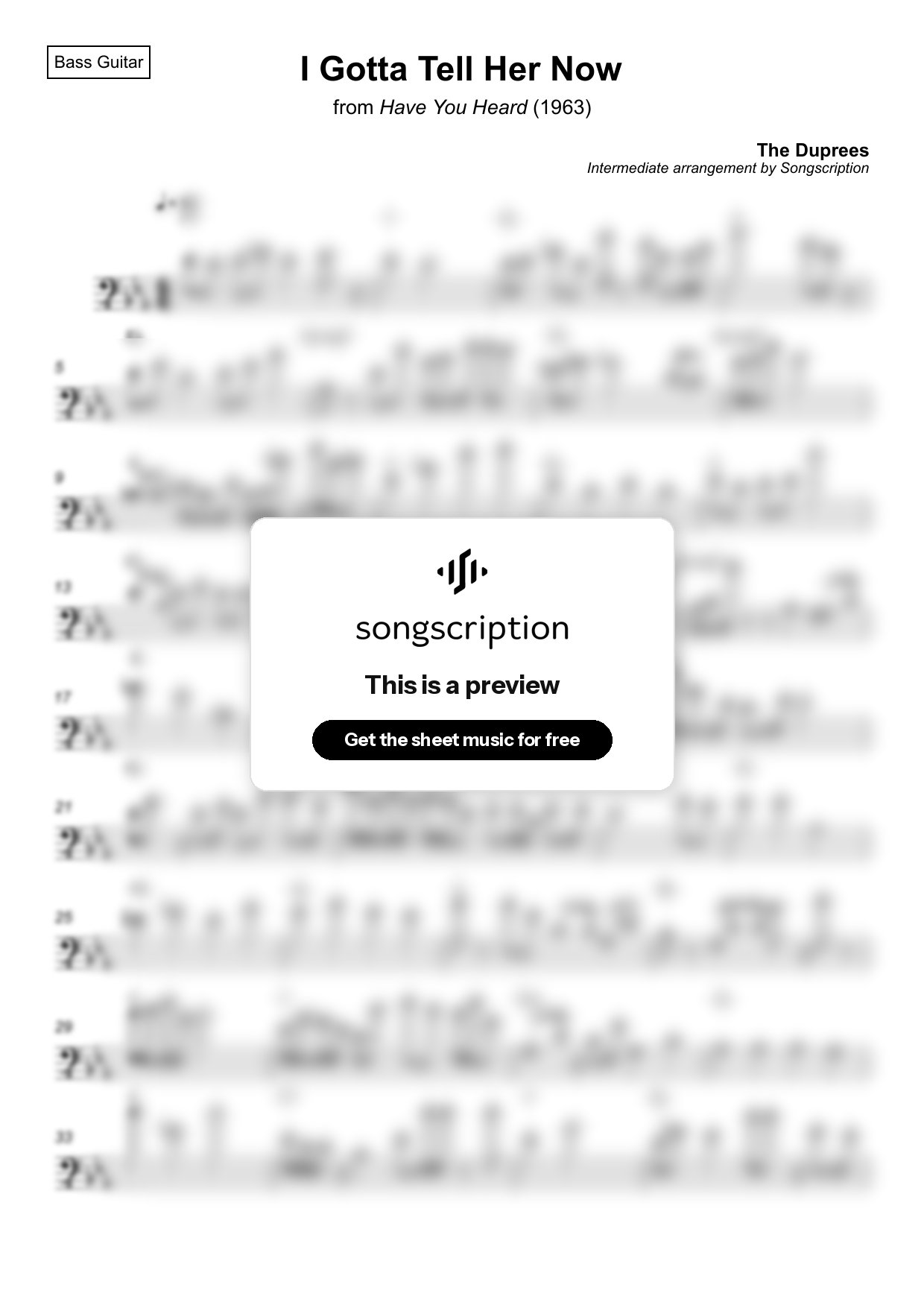 Intermediate Bass Guitar Sheet Music for "I Gotta Tell Her Now" by The Duprees