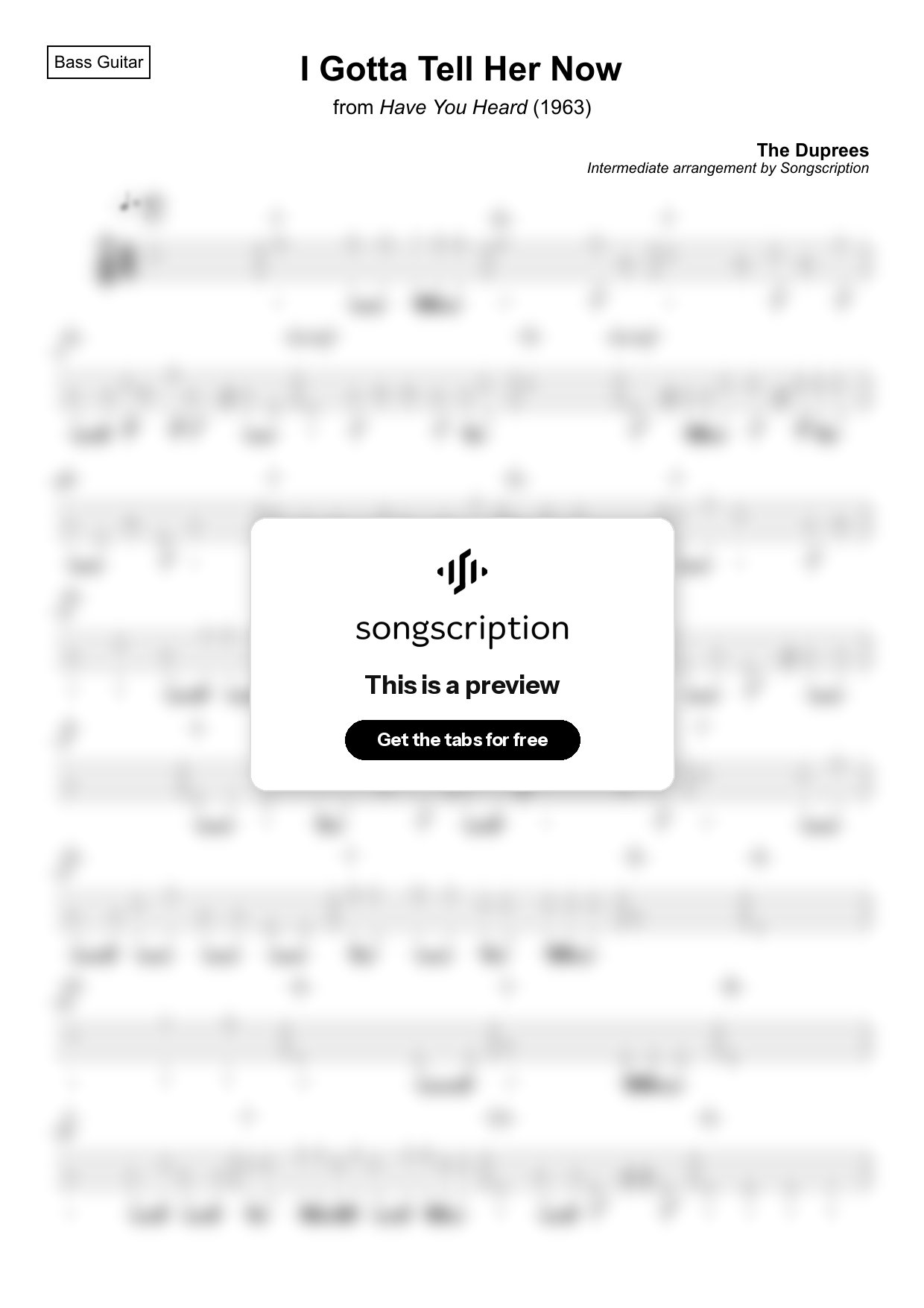 Intermediate Bass Guitar Tabs for "I Gotta Tell Her Now" by The Duprees