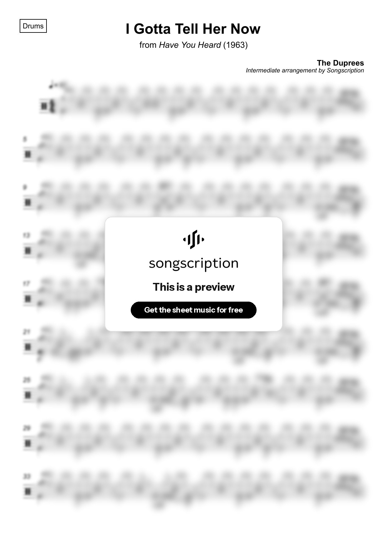 Intermediate Drums Sheet Music for "I Gotta Tell Her Now" by The Duprees
