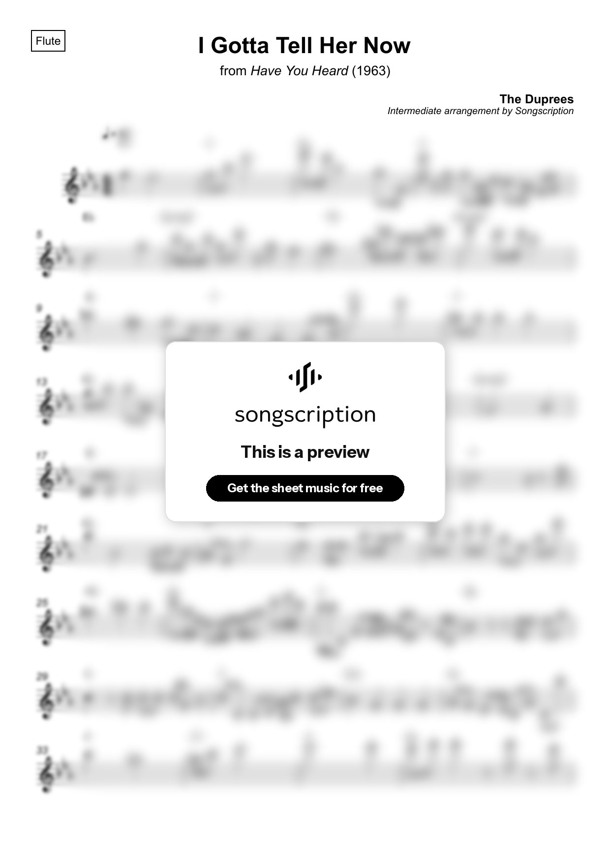 Intermediate Flute Sheet Music for "I Gotta Tell Her Now" by The Duprees