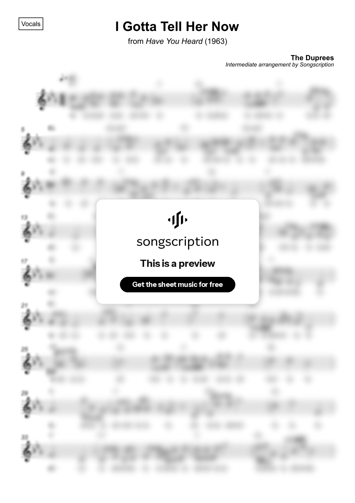 Intermediate Vocals Sheet Music for "I Gotta Tell Her Now" by The Duprees