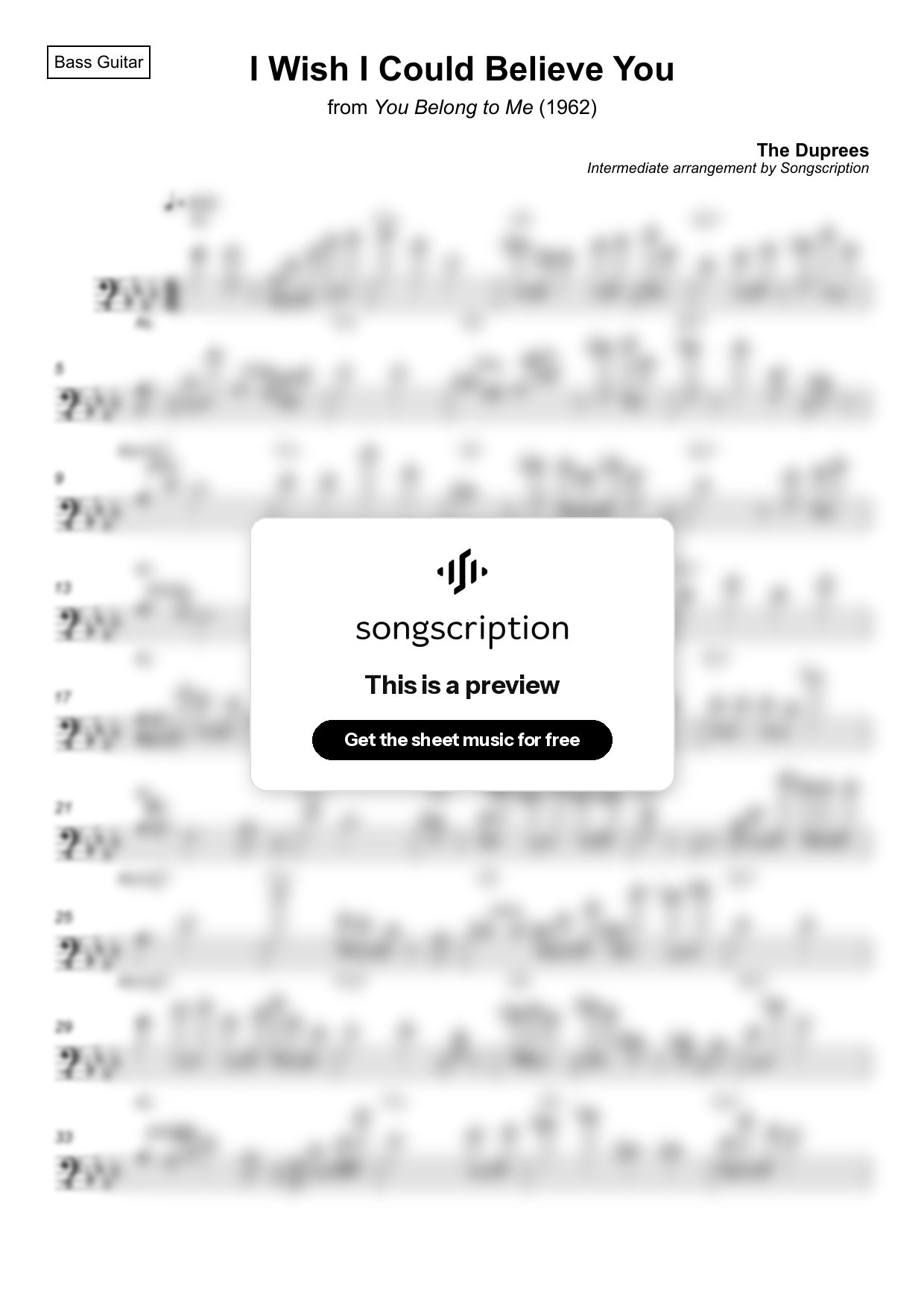 Intermediate Bass Guitar Sheet Music for "I Wish I Could Believe You" by The Duprees
