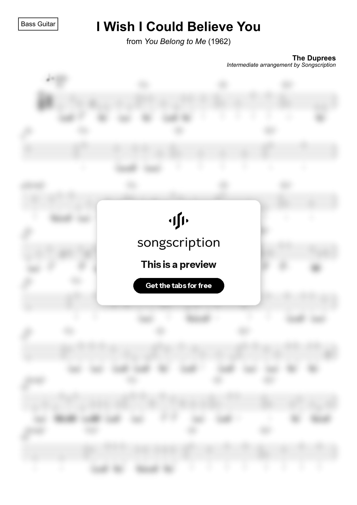 Intermediate Bass Guitar Tabs for "I Wish I Could Believe You" by The Duprees