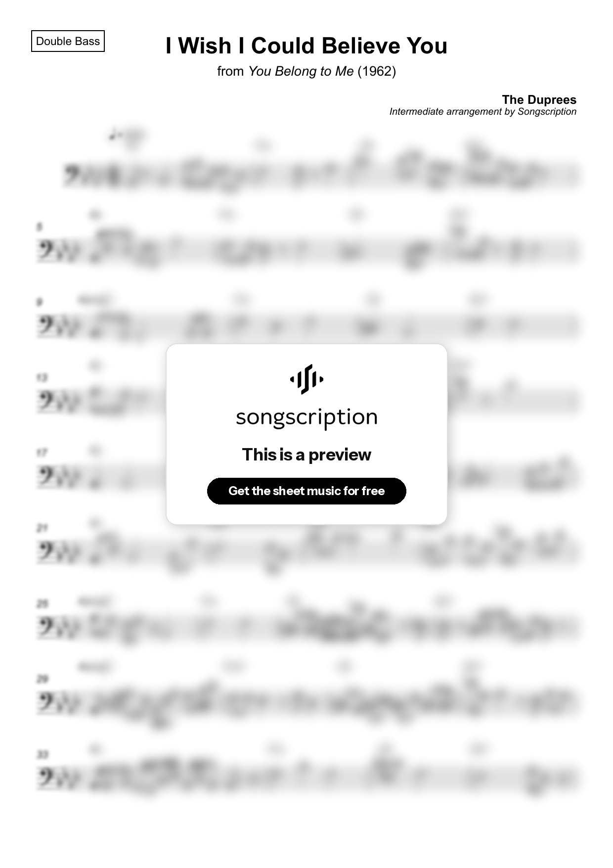 Intermediate Double Bass Sheet Music for "I Wish I Could Believe You" by The Duprees