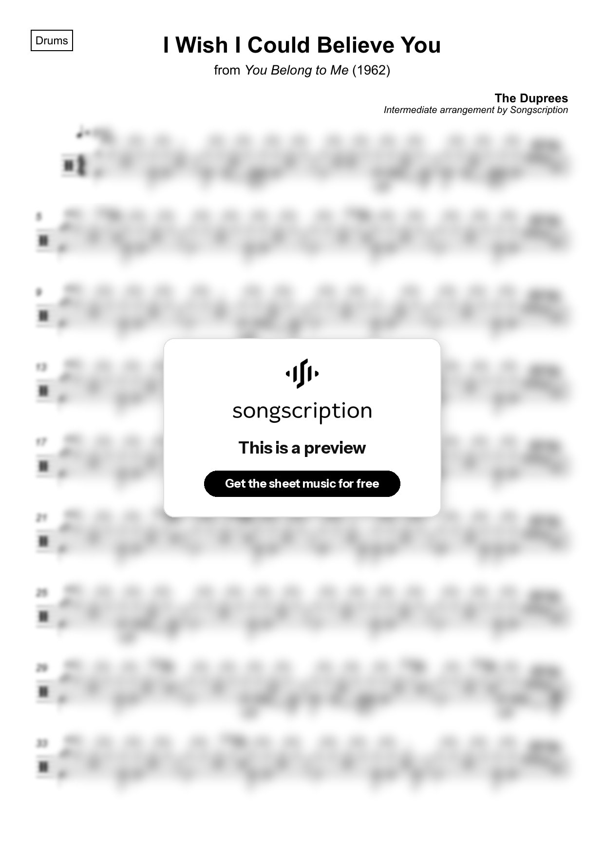 Intermediate Drums Sheet Music for "I Wish I Could Believe You" by The Duprees