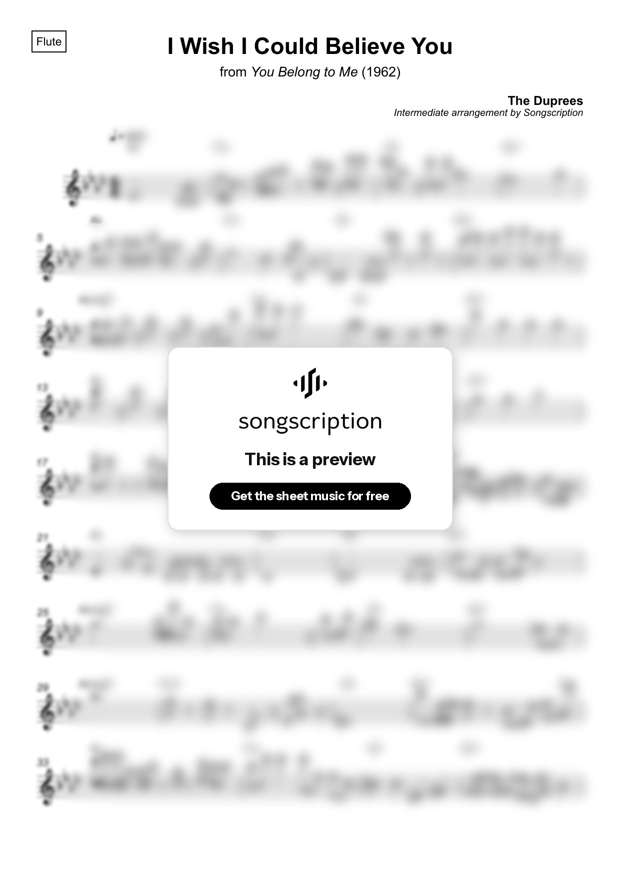 Intermediate Flute Sheet Music for "I Wish I Could Believe You" by The Duprees