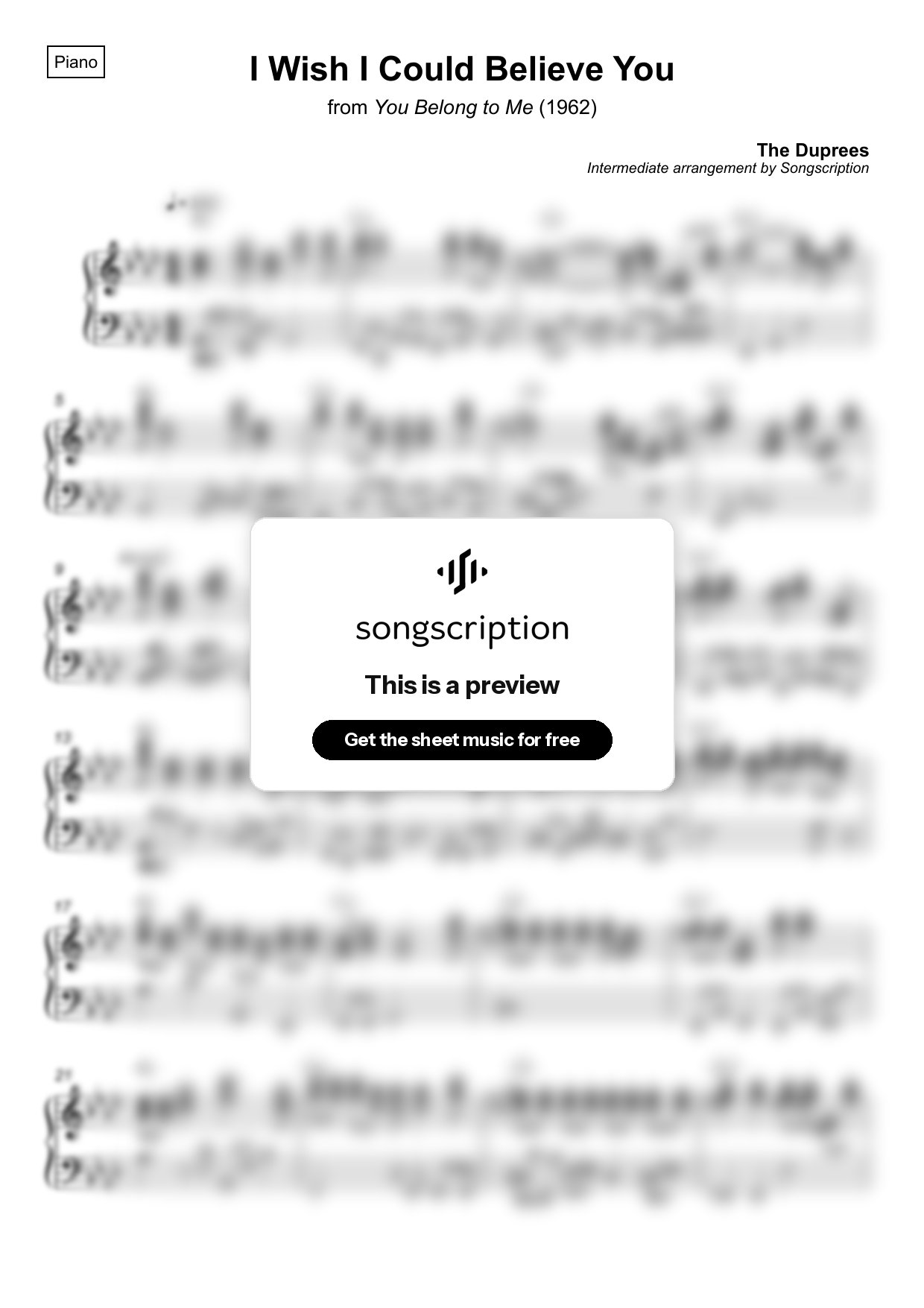 Intermediate Piano Sheet Music for "I Wish I Could Believe You" by The Duprees