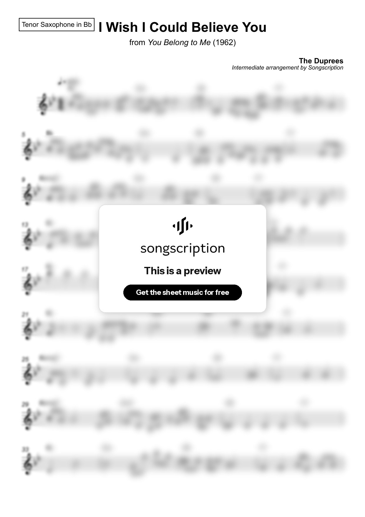 Intermediate Tenor Sax Sheet Music for "I Wish I Could Believe You" by The Duprees