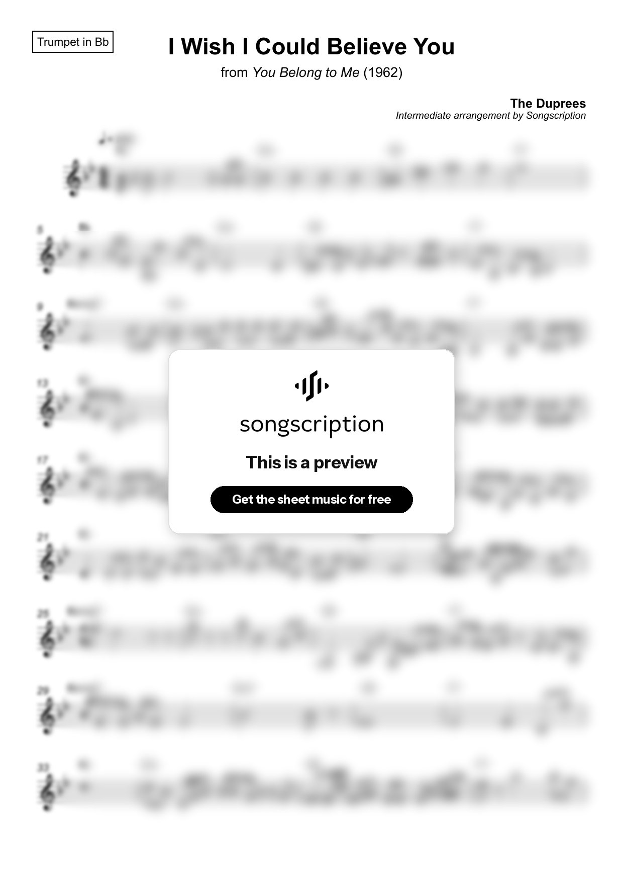 Intermediate Trumpet Sheet Music for "I Wish I Could Believe You" by The Duprees