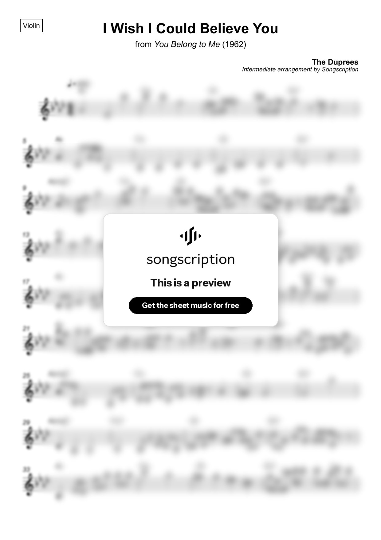 Intermediate Violin Sheet Music for "I Wish I Could Believe You" by The Duprees