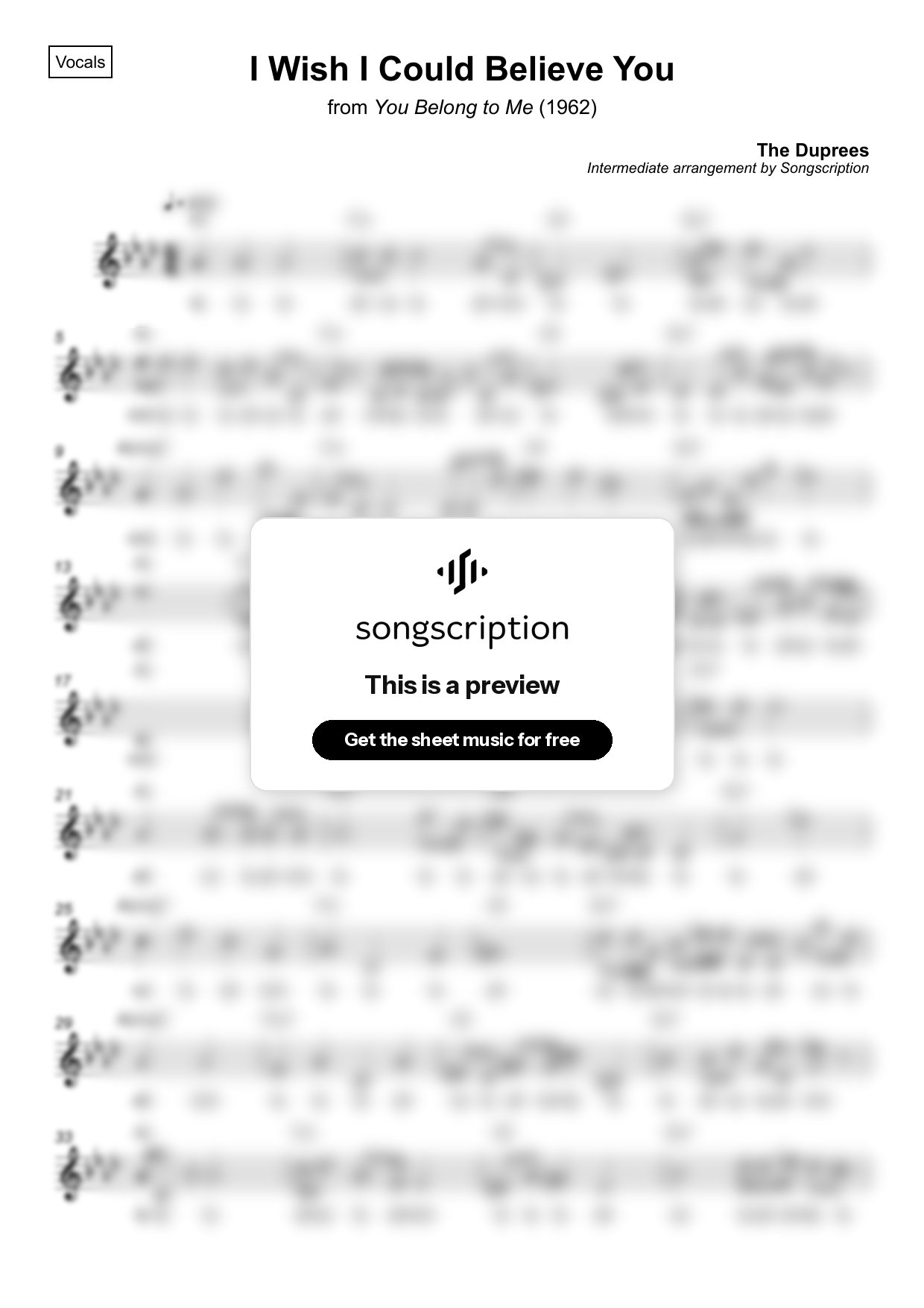 Intermediate Vocals Sheet Music for "I Wish I Could Believe You" by The Duprees