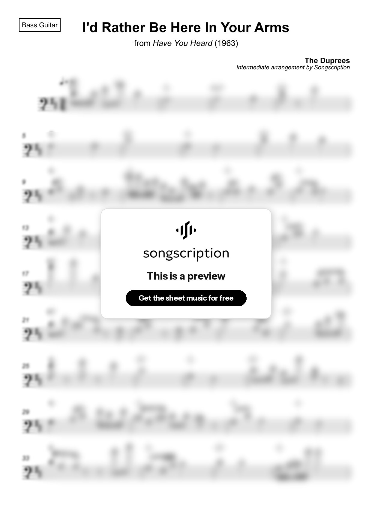 Intermediate Bass Guitar Sheet Music for "I'd Rather Be Here In Your Arms" by The Duprees