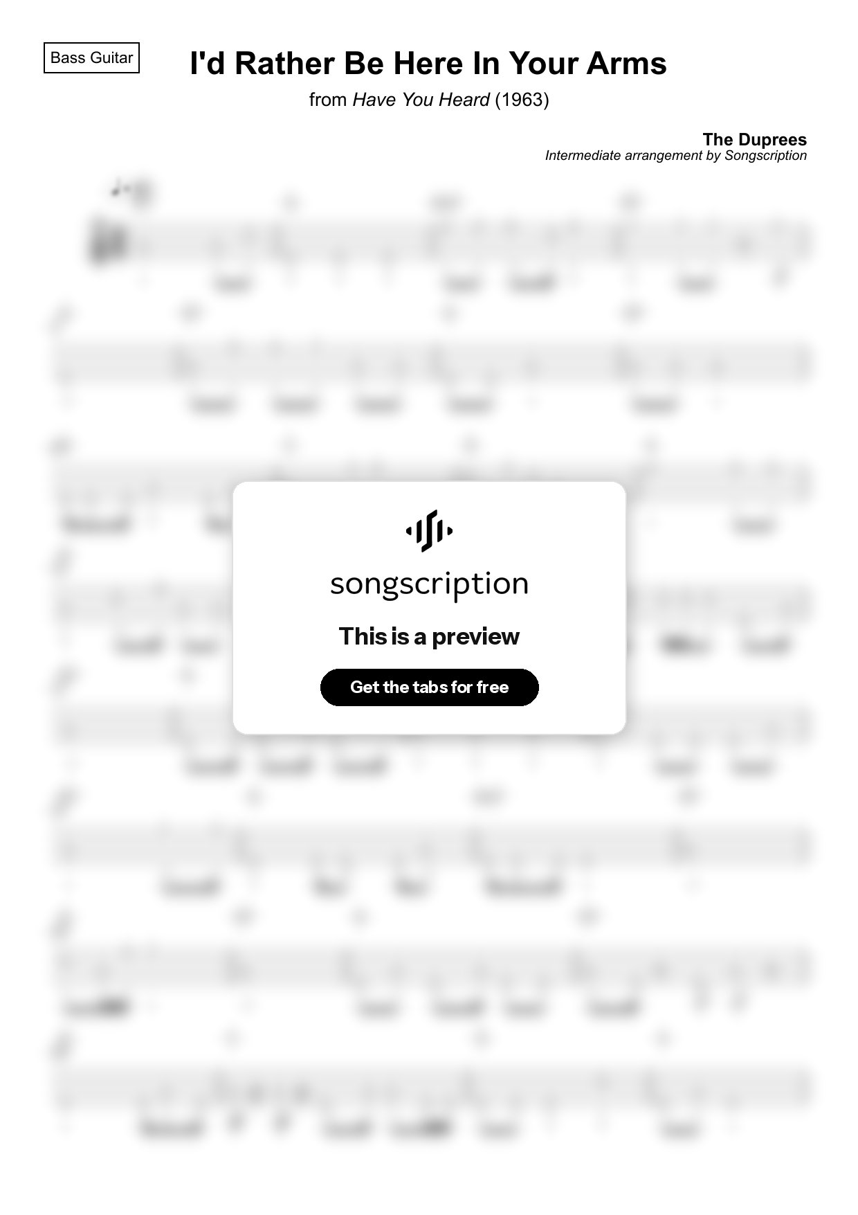 Intermediate Bass Guitar Tabs for "I'd Rather Be Here In Your Arms" by The Duprees