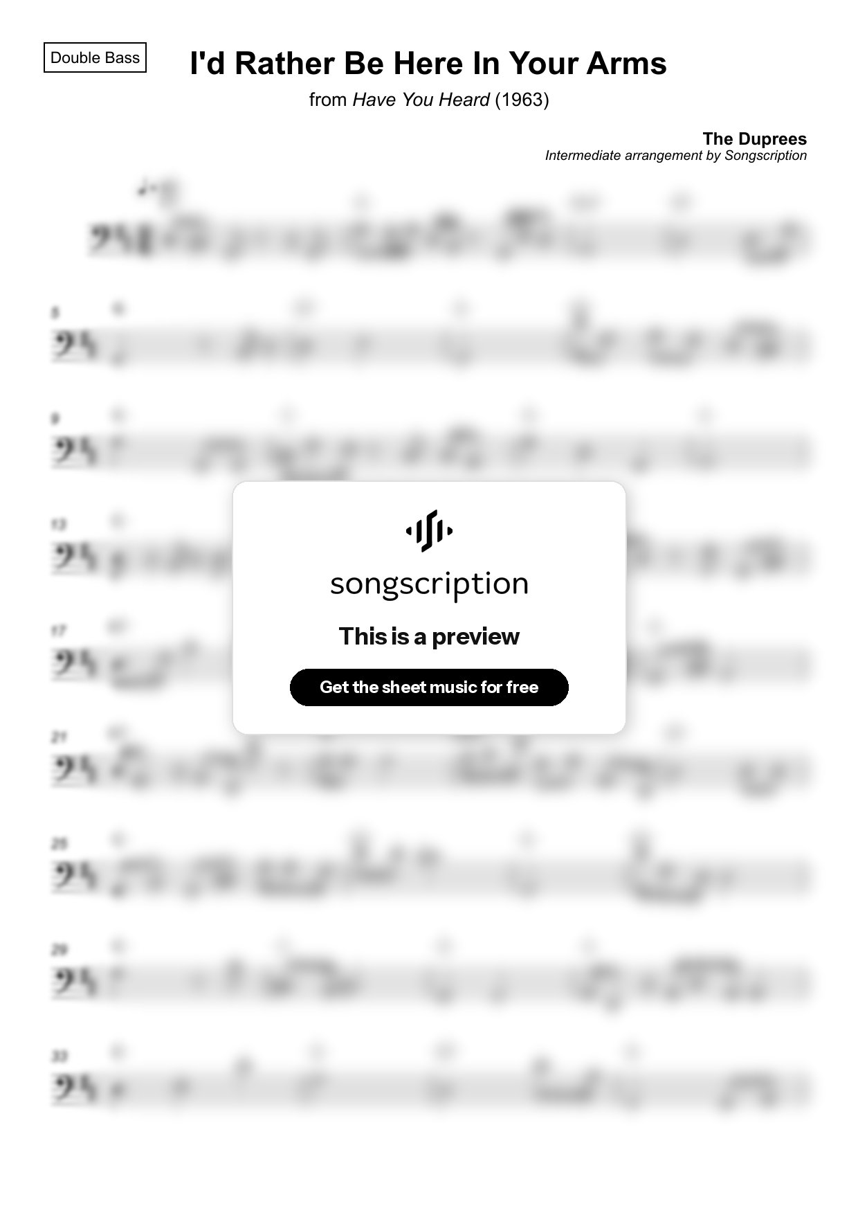 Intermediate Double Bass Sheet Music for "I'd Rather Be Here In Your Arms" by The Duprees