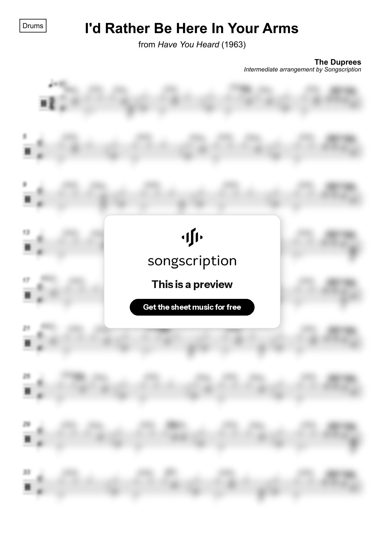 Intermediate Drums Sheet Music for "I'd Rather Be Here In Your Arms" by The Duprees
