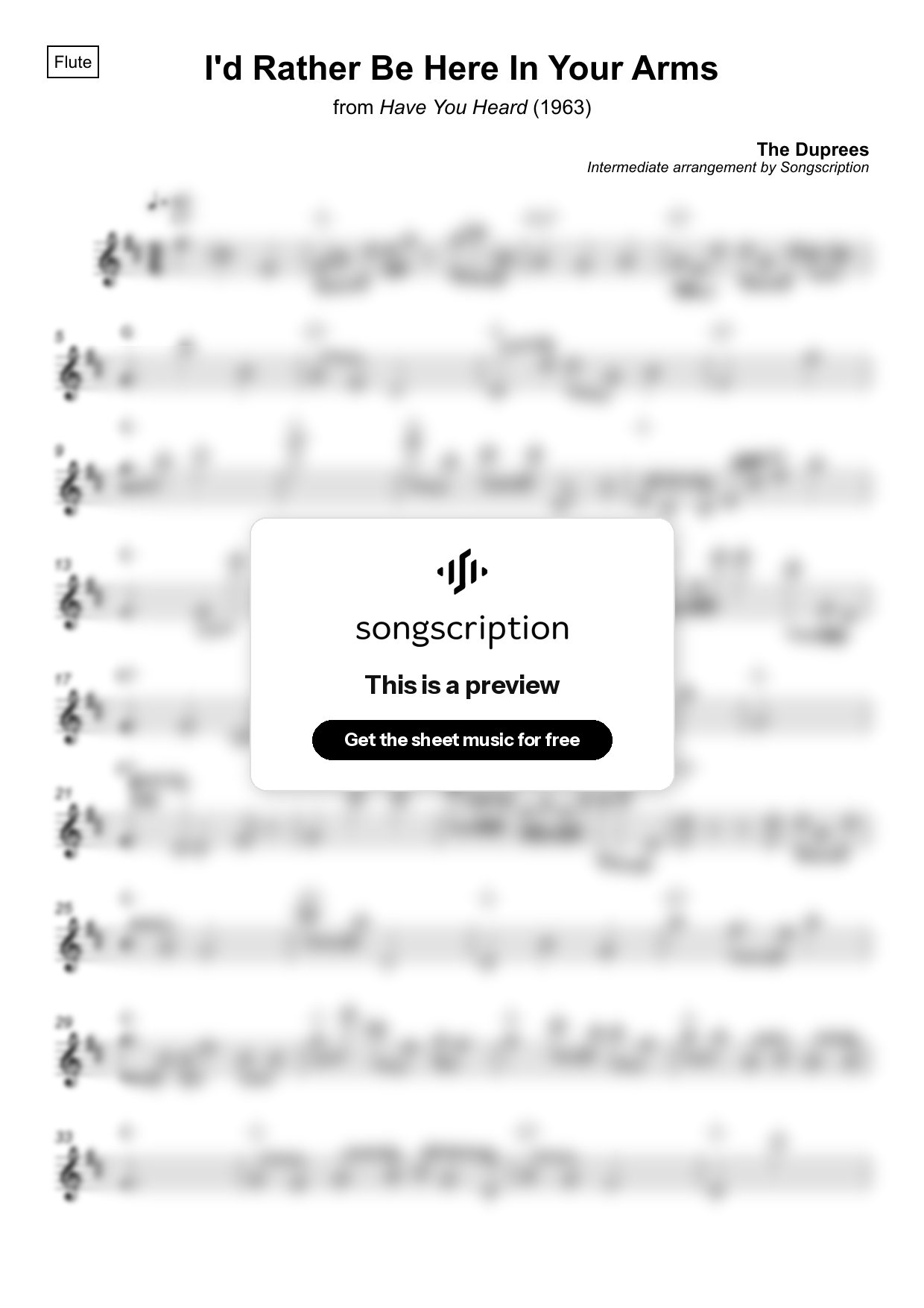 Intermediate Flute Sheet Music for "I'd Rather Be Here In Your Arms" by The Duprees
