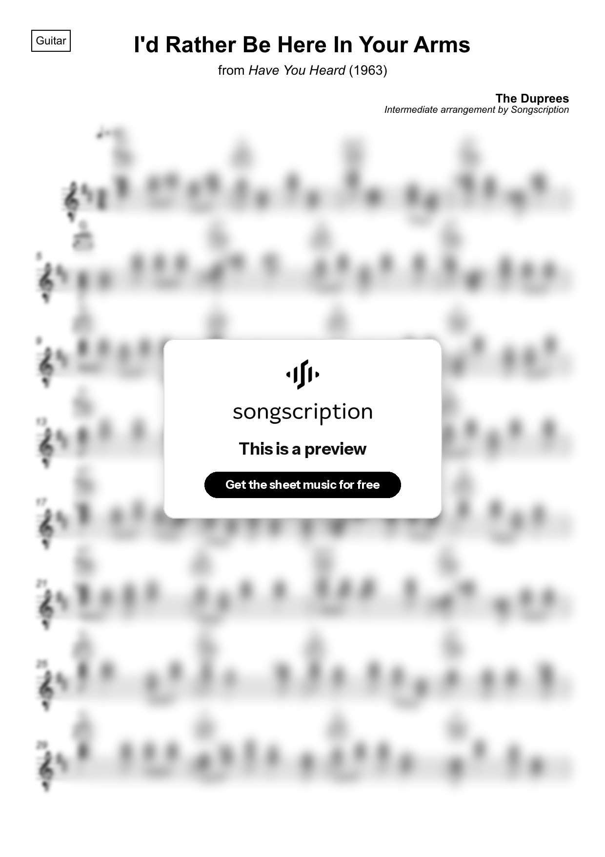 Intermediate Acoustic Guitar Sheet Music for "I'd Rather Be Here In Your Arms" by The Duprees