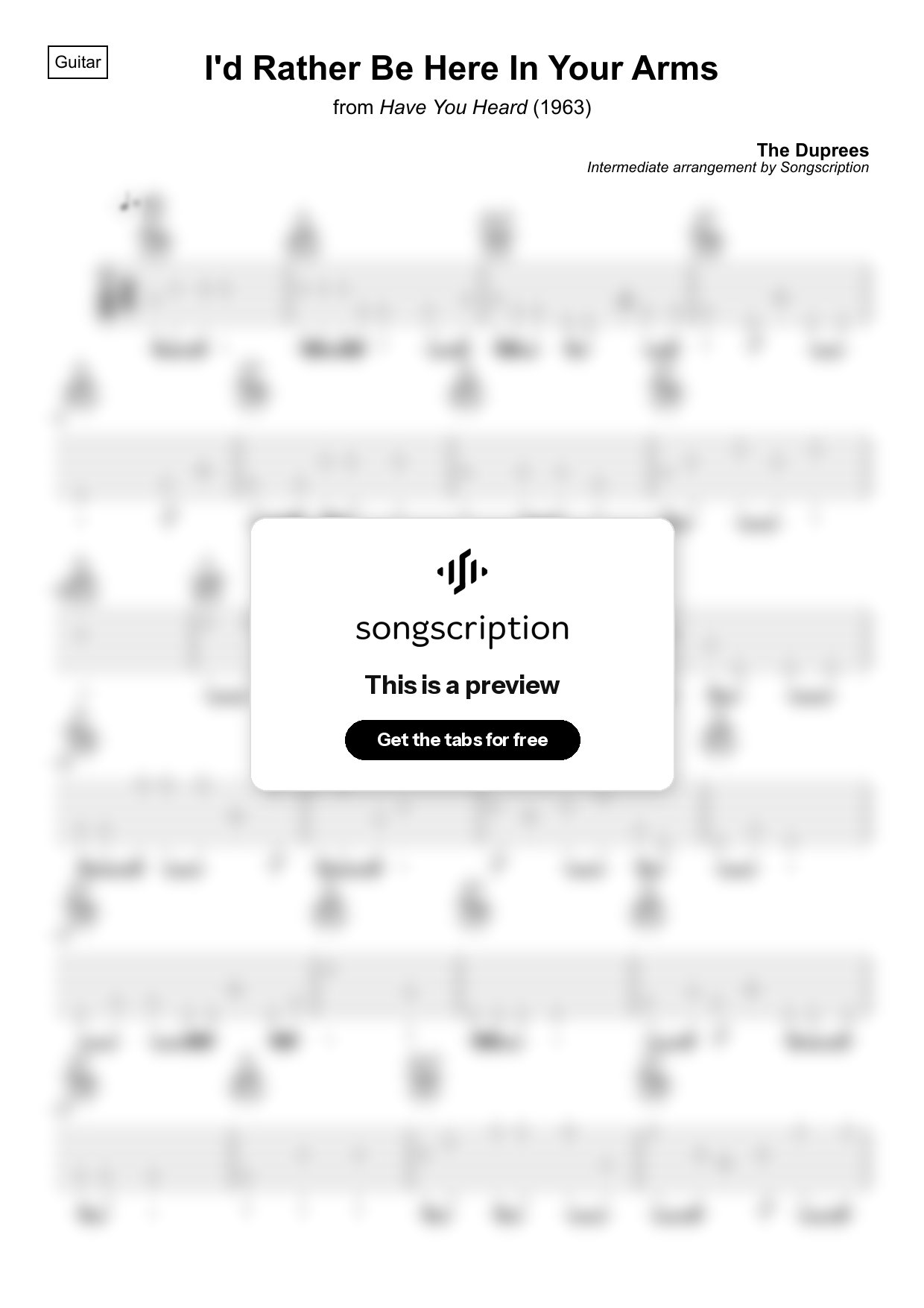 Intermediate Acoustic Guitar Tabs for "I'd Rather Be Here In Your Arms" by The Duprees