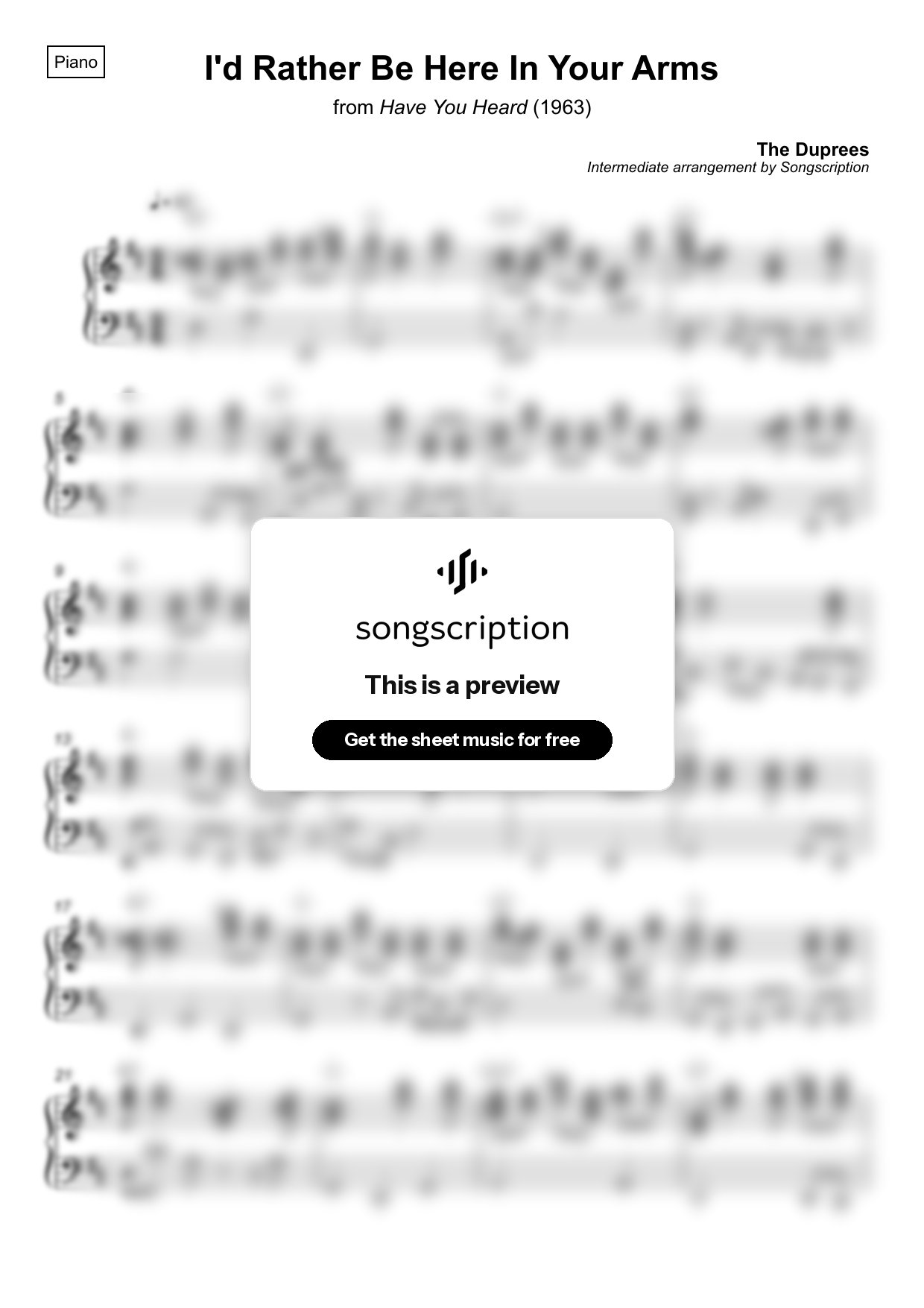 Intermediate Piano Sheet Music for "I'd Rather Be Here In Your Arms" by The Duprees