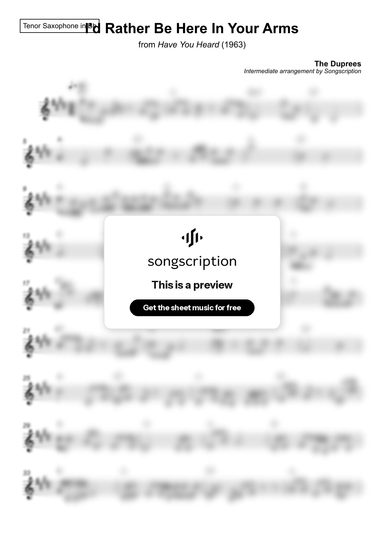 Intermediate Tenor Sax Sheet Music for "I'd Rather Be Here In Your Arms" by The Duprees
