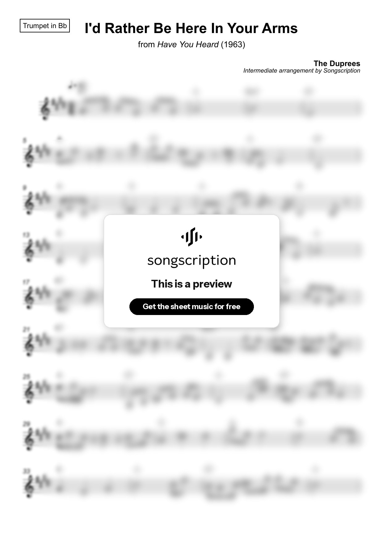 Intermediate Trumpet Sheet Music for "I'd Rather Be Here In Your Arms" by The Duprees