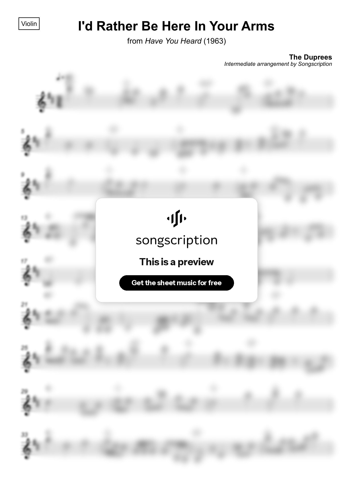 Intermediate Violin Sheet Music for "I'd Rather Be Here In Your Arms" by The Duprees