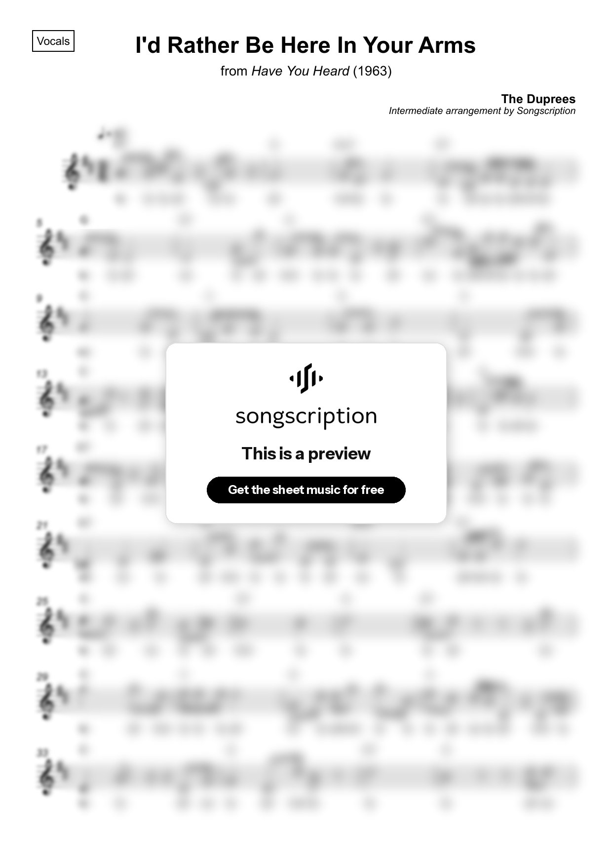 Intermediate Vocals Sheet Music for "I'd Rather Be Here In Your Arms" by The Duprees