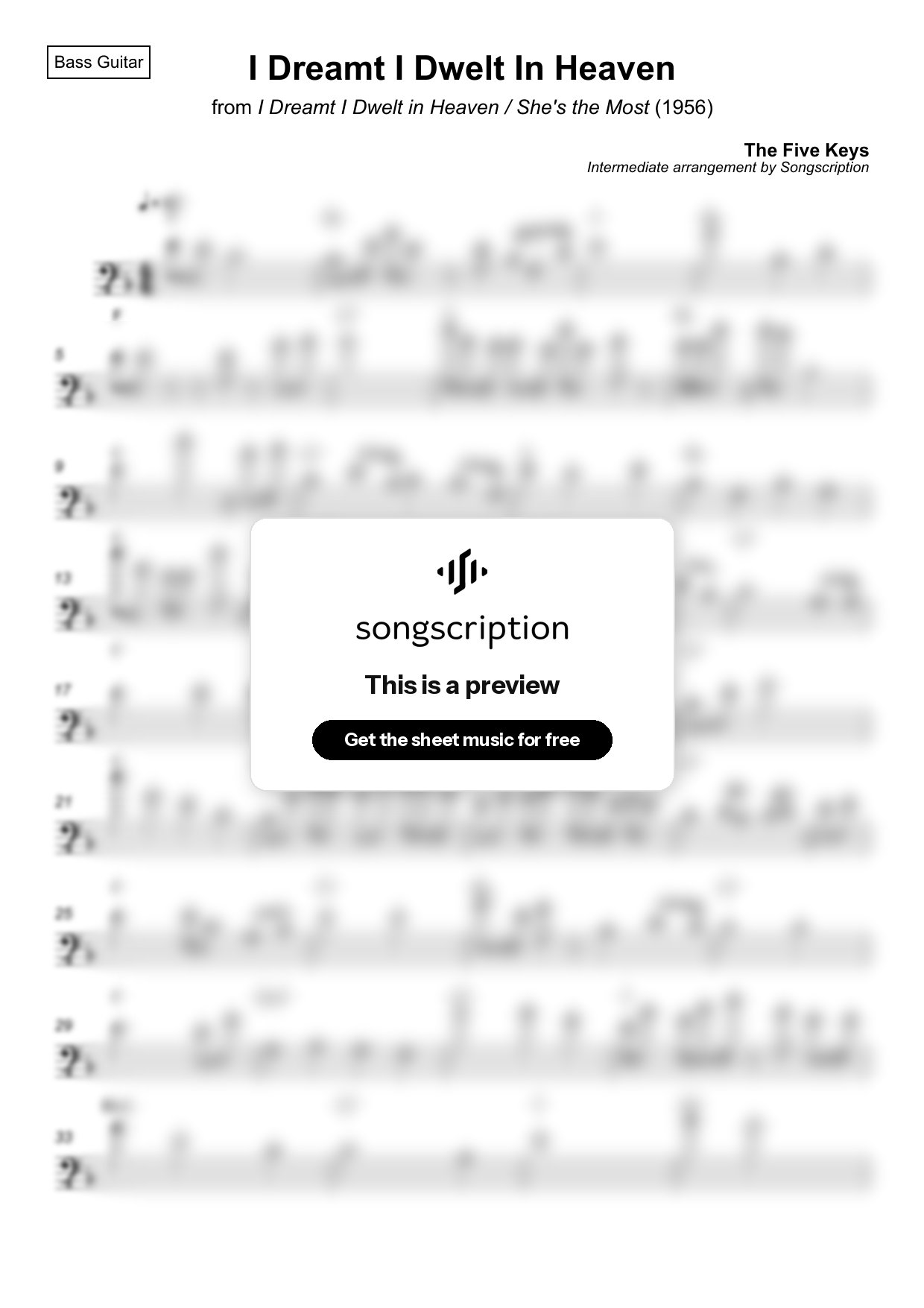 Intermediate Bass Guitar Sheet Music for "I Dreamt I Dwelt In Heaven" by The Five Keys