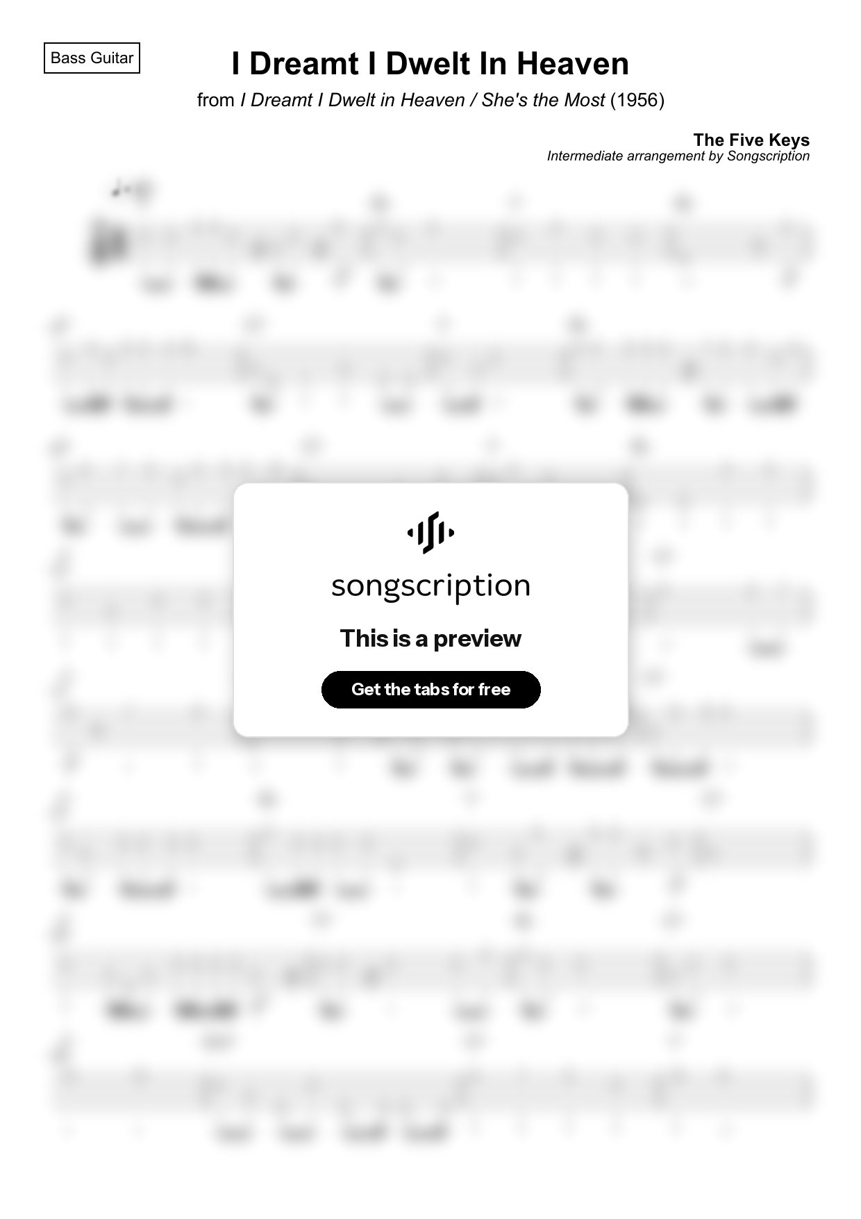 Intermediate Bass Guitar Tabs for "I Dreamt I Dwelt In Heaven" by The Five Keys