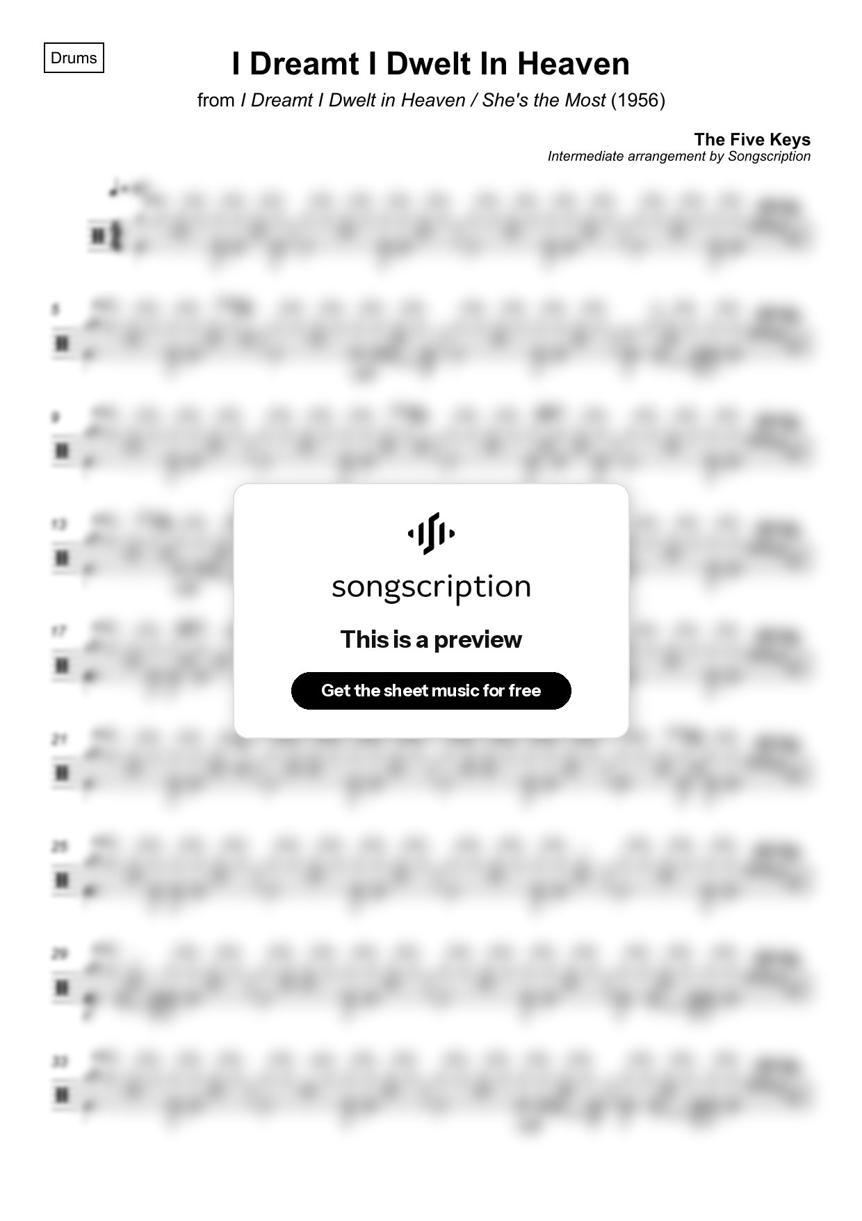 Intermediate Drums Sheet Music for "I Dreamt I Dwelt In Heaven" by The Five Keys