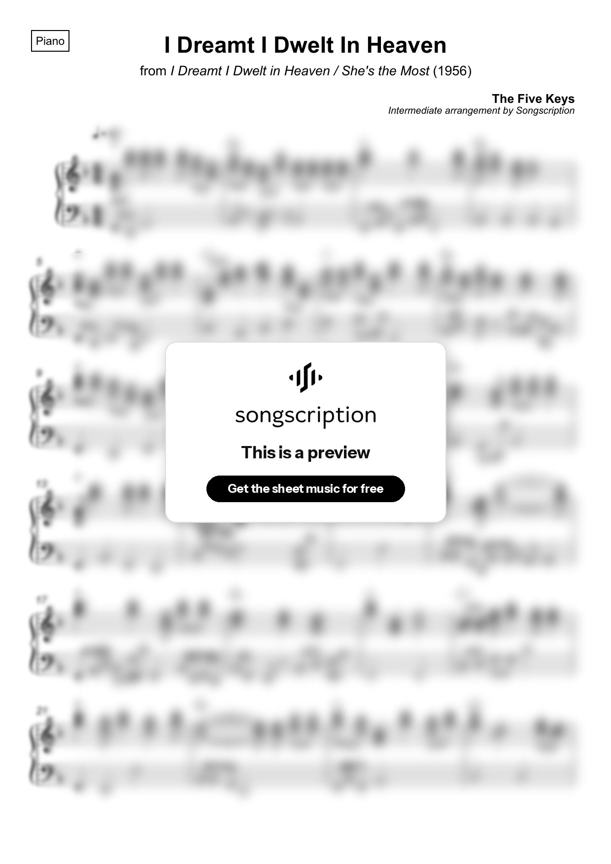 Intermediate Piano Sheet Music for "I Dreamt I Dwelt In Heaven" by The Five Keys
