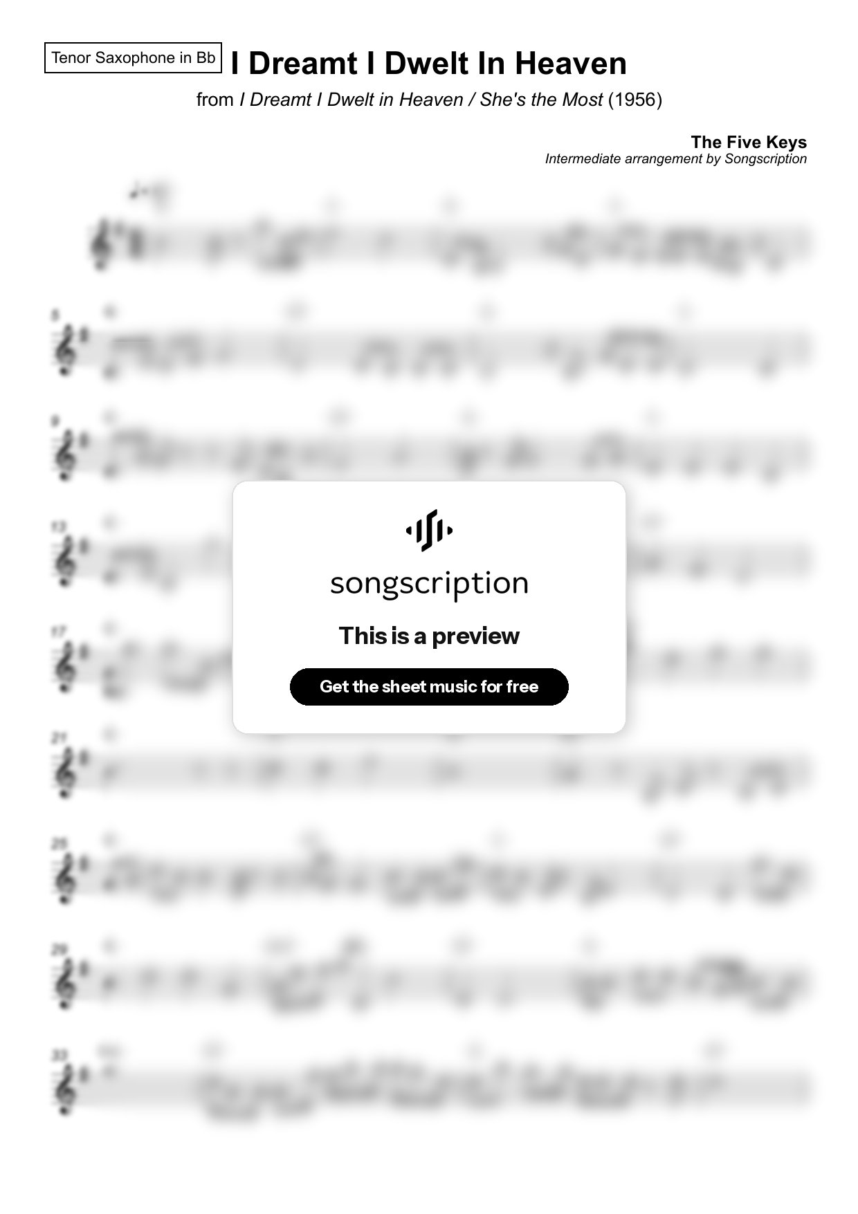 Intermediate Tenor Sax Sheet Music for "I Dreamt I Dwelt In Heaven" by The Five Keys