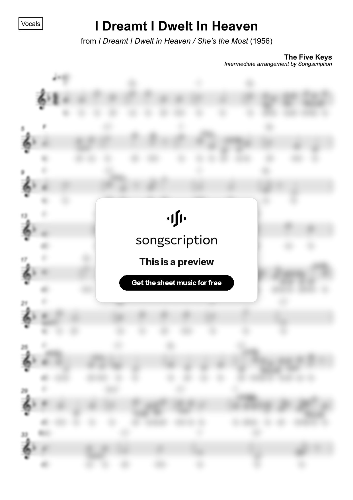 Intermediate Vocals Sheet Music for "I Dreamt I Dwelt In Heaven" by The Five Keys