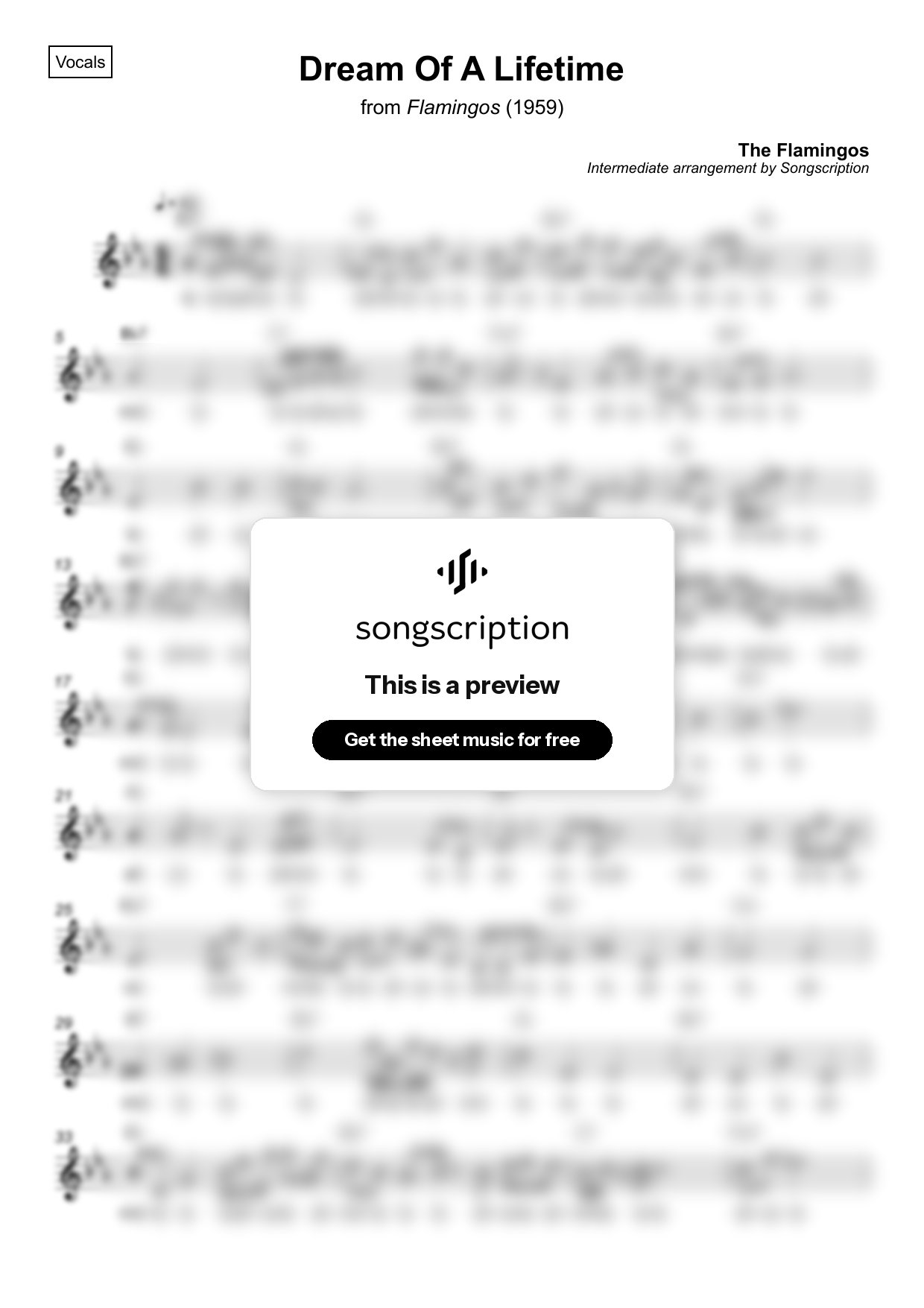 Intermediate Vocals Sheet Music for "Dream Of A Lifetime" by The Flamingos