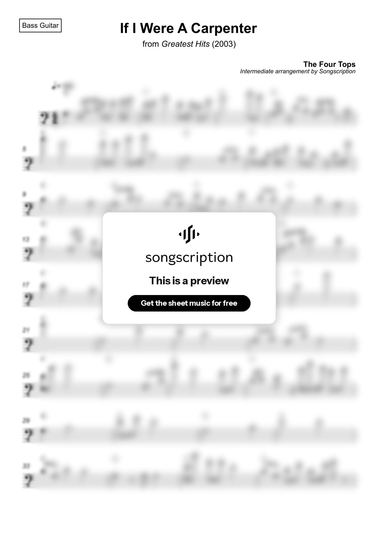 Intermediate Bass Guitar Sheet Music for "If I Were A Carpenter" by The Four Tops