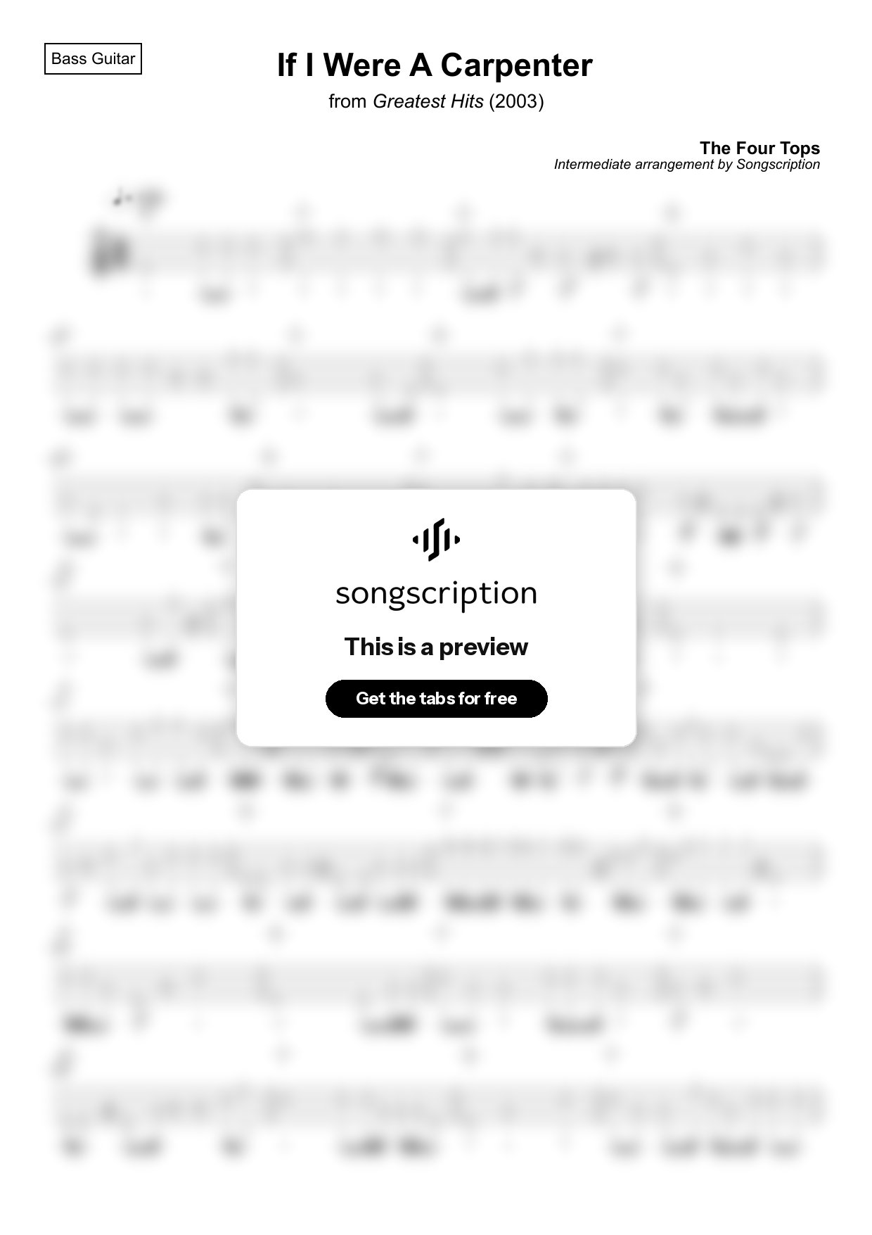 Intermediate Bass Guitar Tabs for "If I Were A Carpenter" by The Four Tops