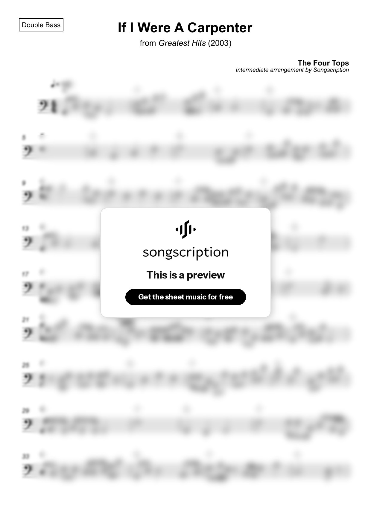 Intermediate Double Bass Sheet Music for "If I Were A Carpenter" by The Four Tops
