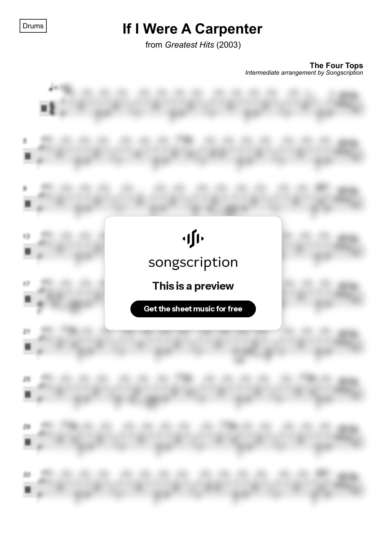 Intermediate Drums Sheet Music for "If I Were A Carpenter" by The Four Tops