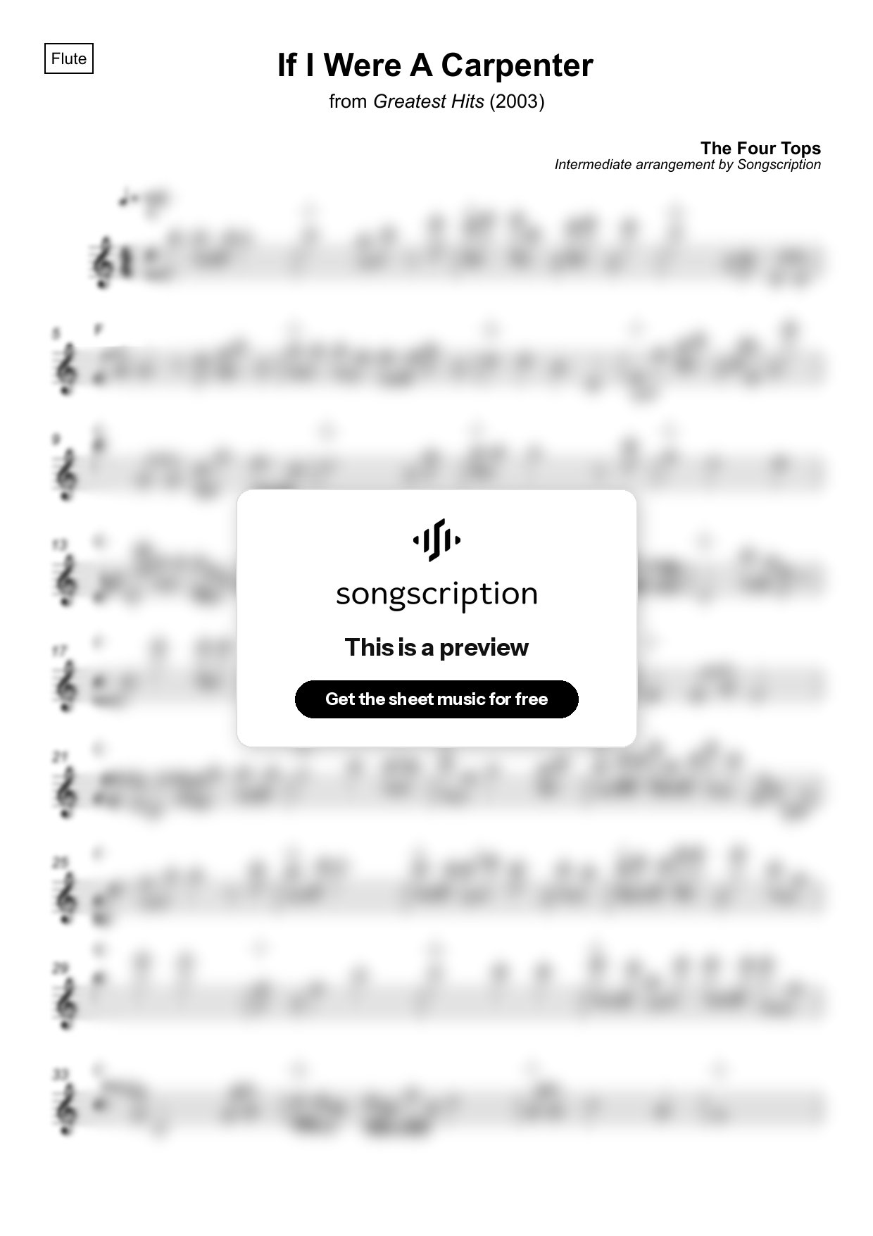 Intermediate Flute Sheet Music for "If I Were A Carpenter" by The Four Tops