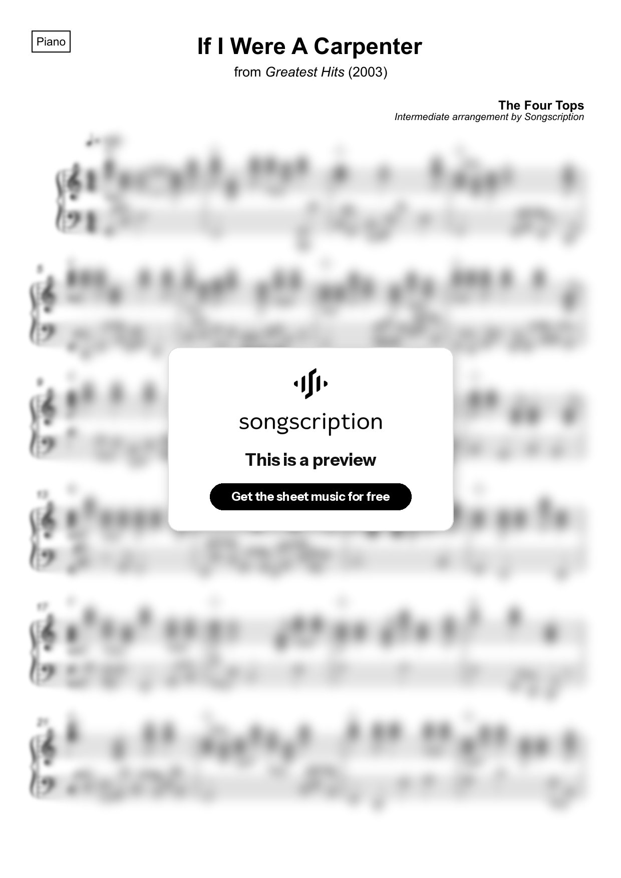 Intermediate Piano Sheet Music for "If I Were A Carpenter" by The Four Tops