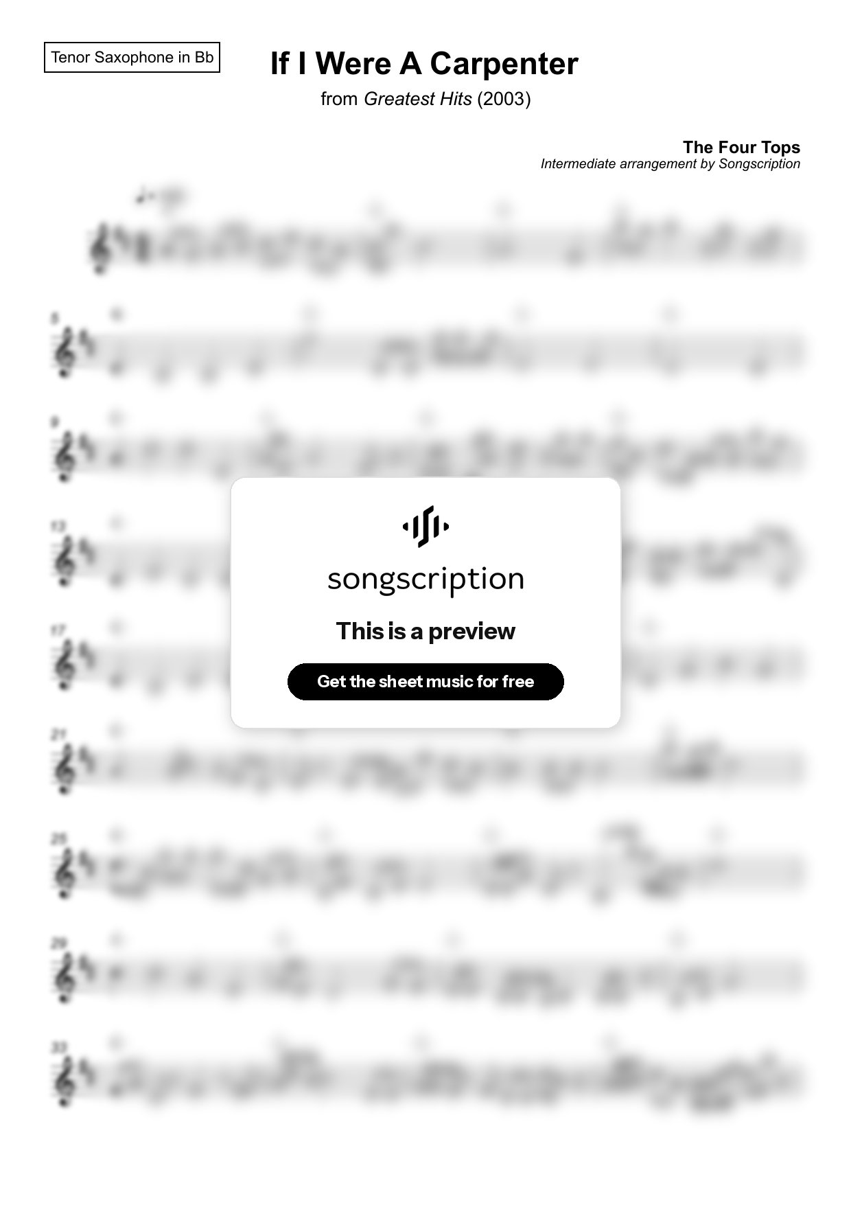 Intermediate Tenor Sax Sheet Music for "If I Were A Carpenter" by The Four Tops