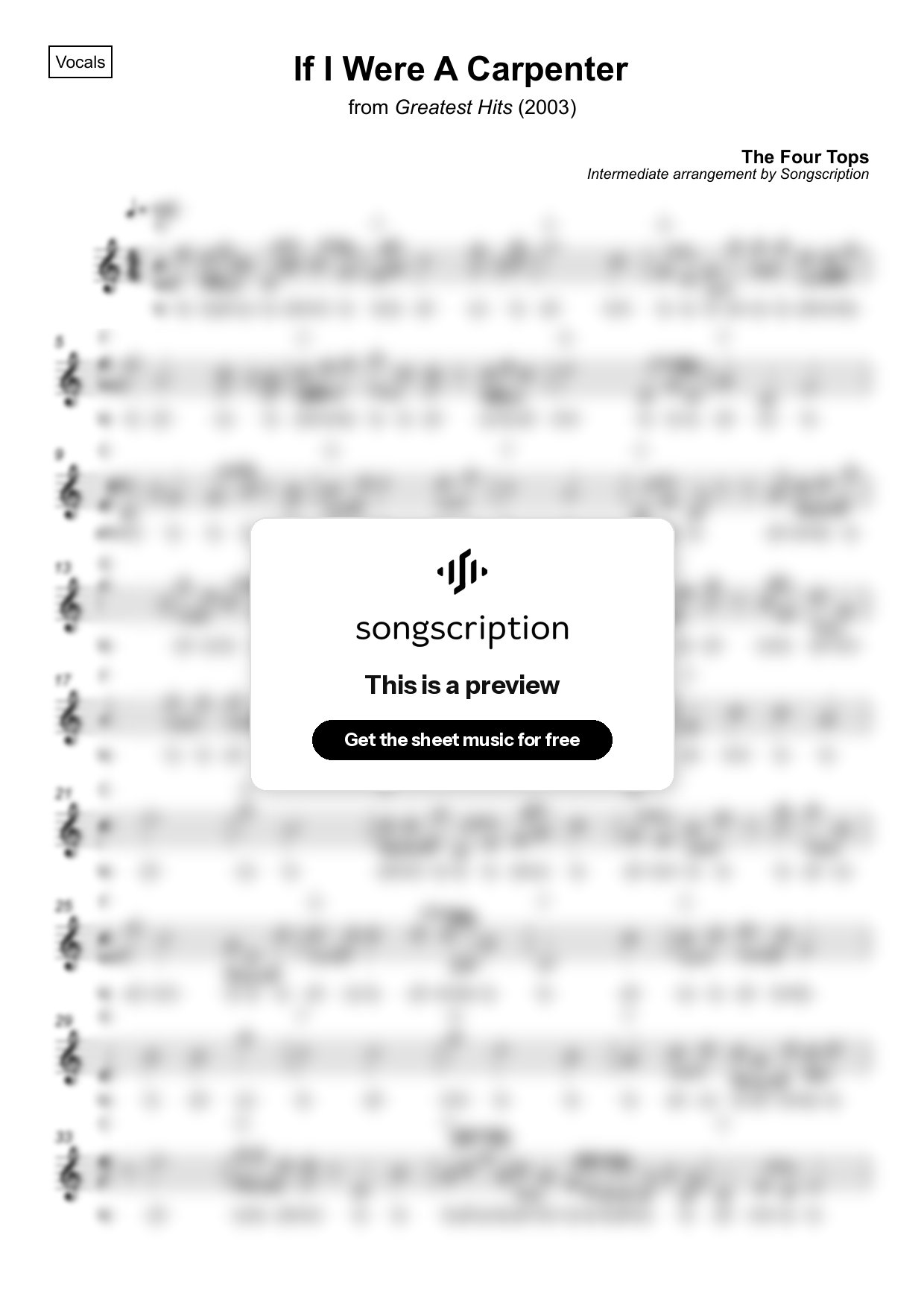 Intermediate Vocals Sheet Music for "If I Were A Carpenter" by The Four Tops