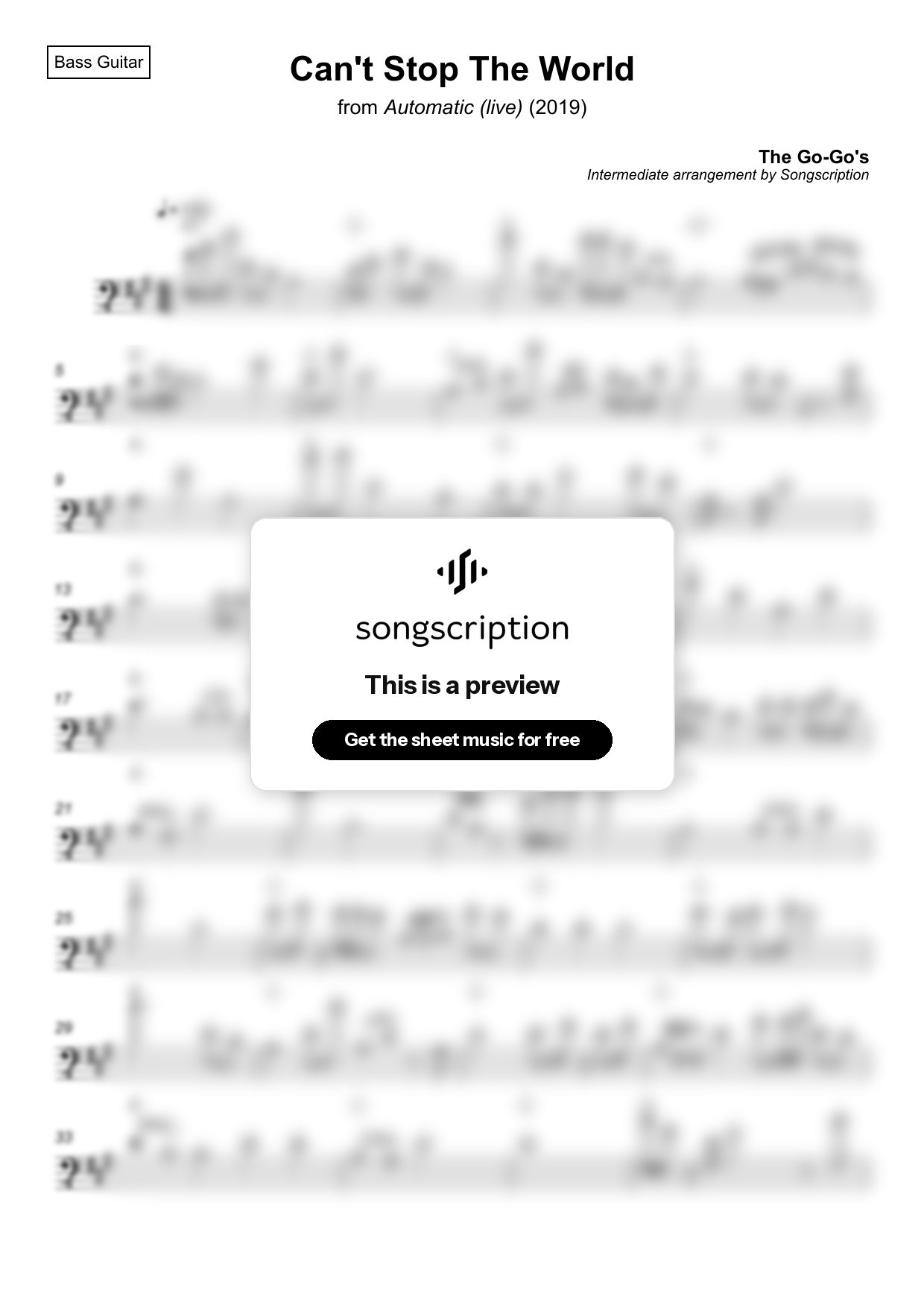 Intermediate Bass Guitar Sheet Music for "Can't Stop The World" by The Go-Go's